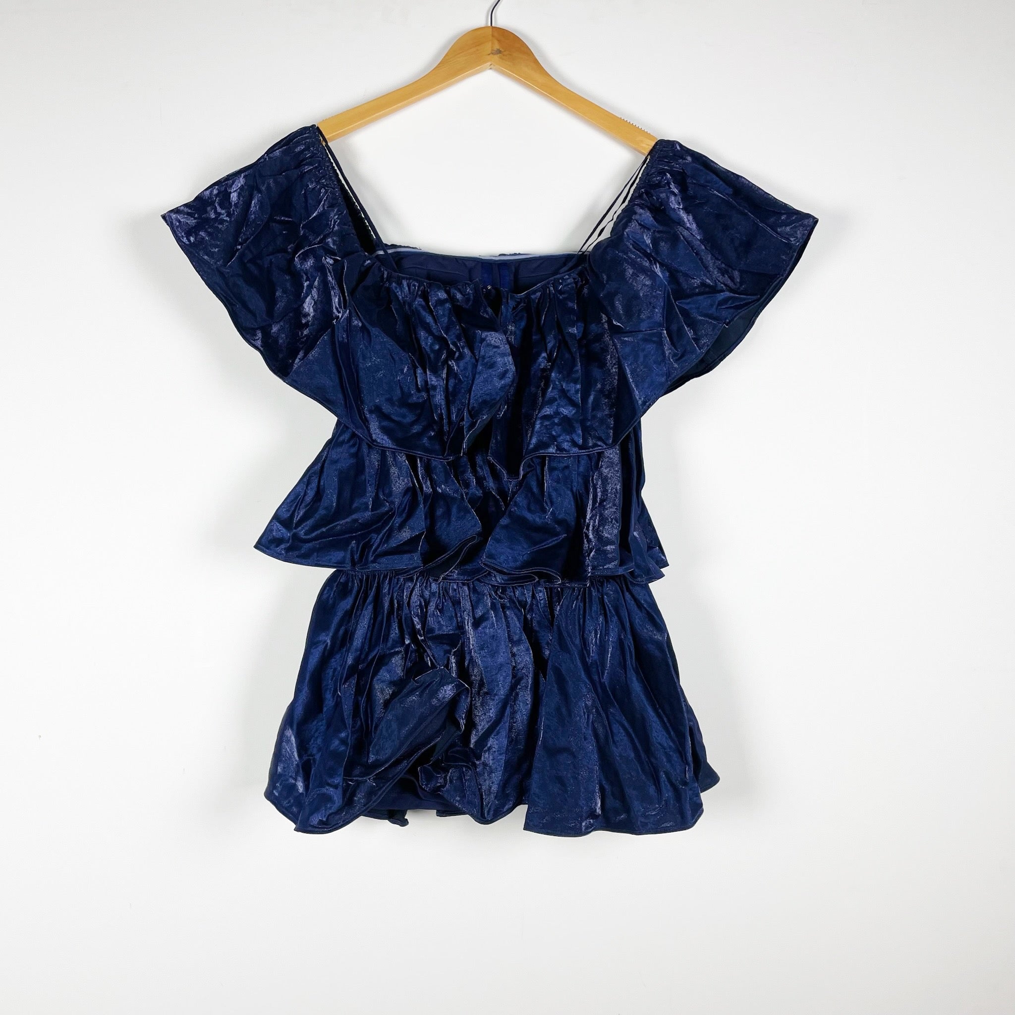 NEW Camila Coelho Diaz Off The Shoulder Ruffle Layered Mini Dress Sapphire Blue