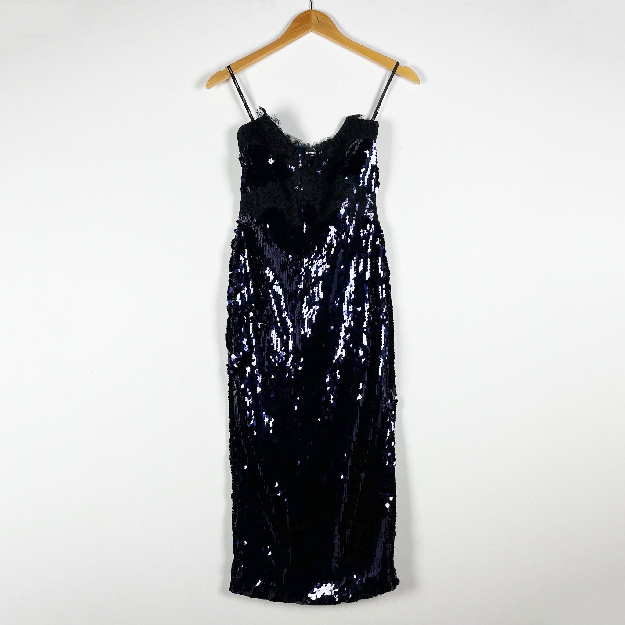 Retrofete Ellen Sequin Sparkle Embellished Lace Trim Midi Slip Dress Navy Blue