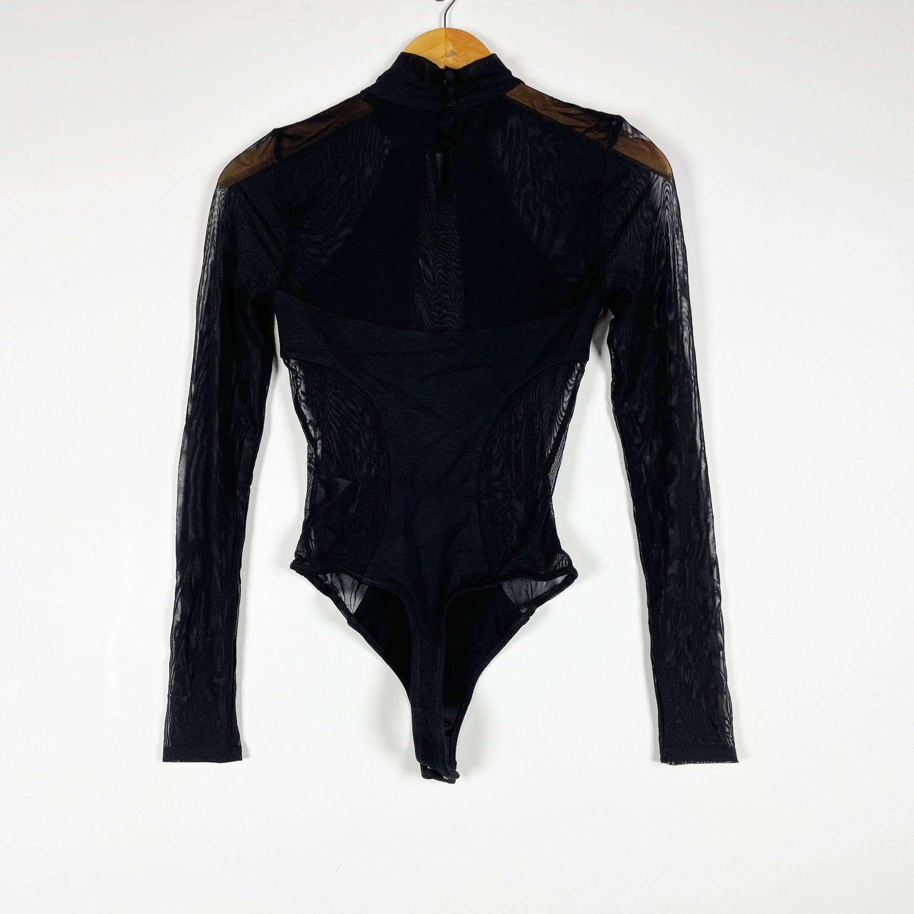 H:Ours Elisha Sheer Mesh Turtleneck Long Sleeve One Piece Bodysuit Black XS