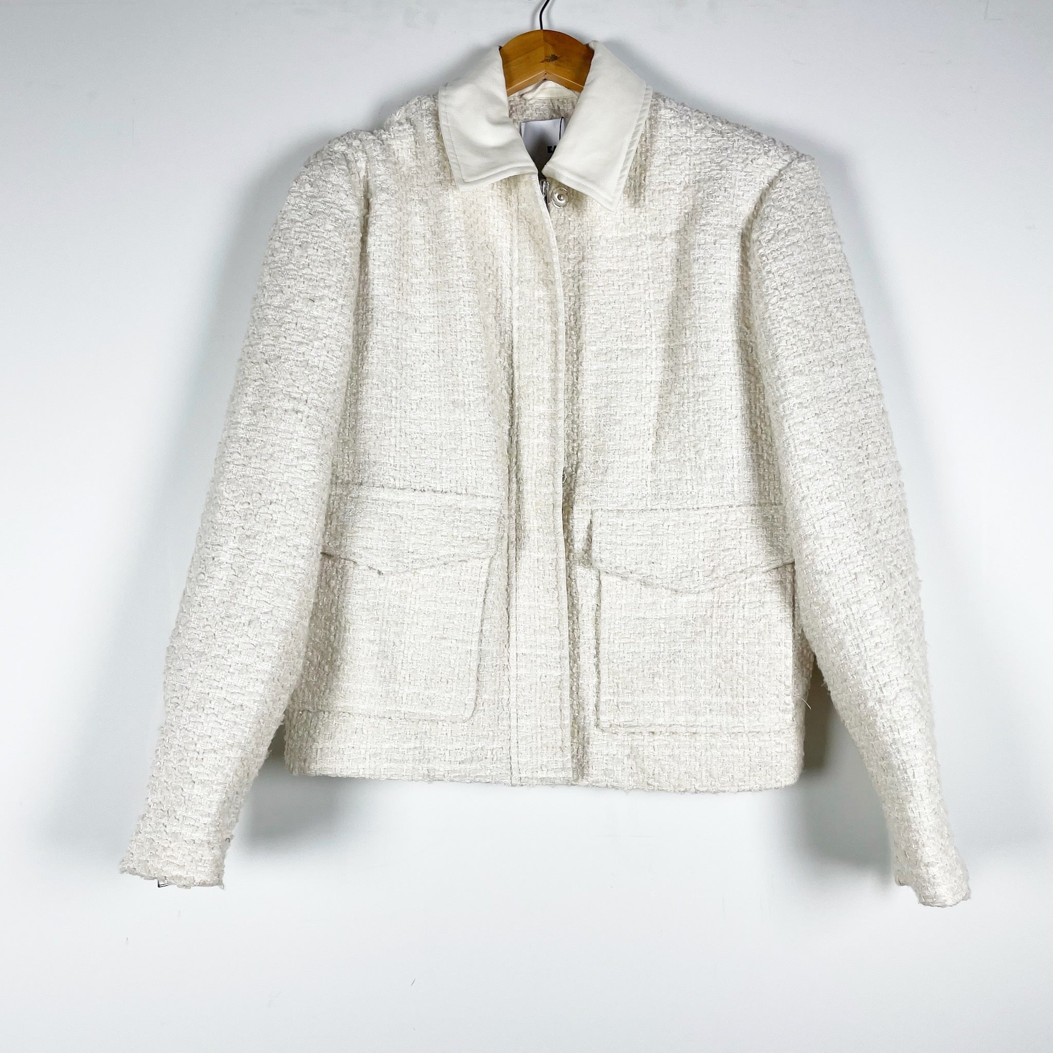 NEW Eaves Shani Cotton Wool Blend Tweed Boucle Textured Knit Jacket Ivory XXS