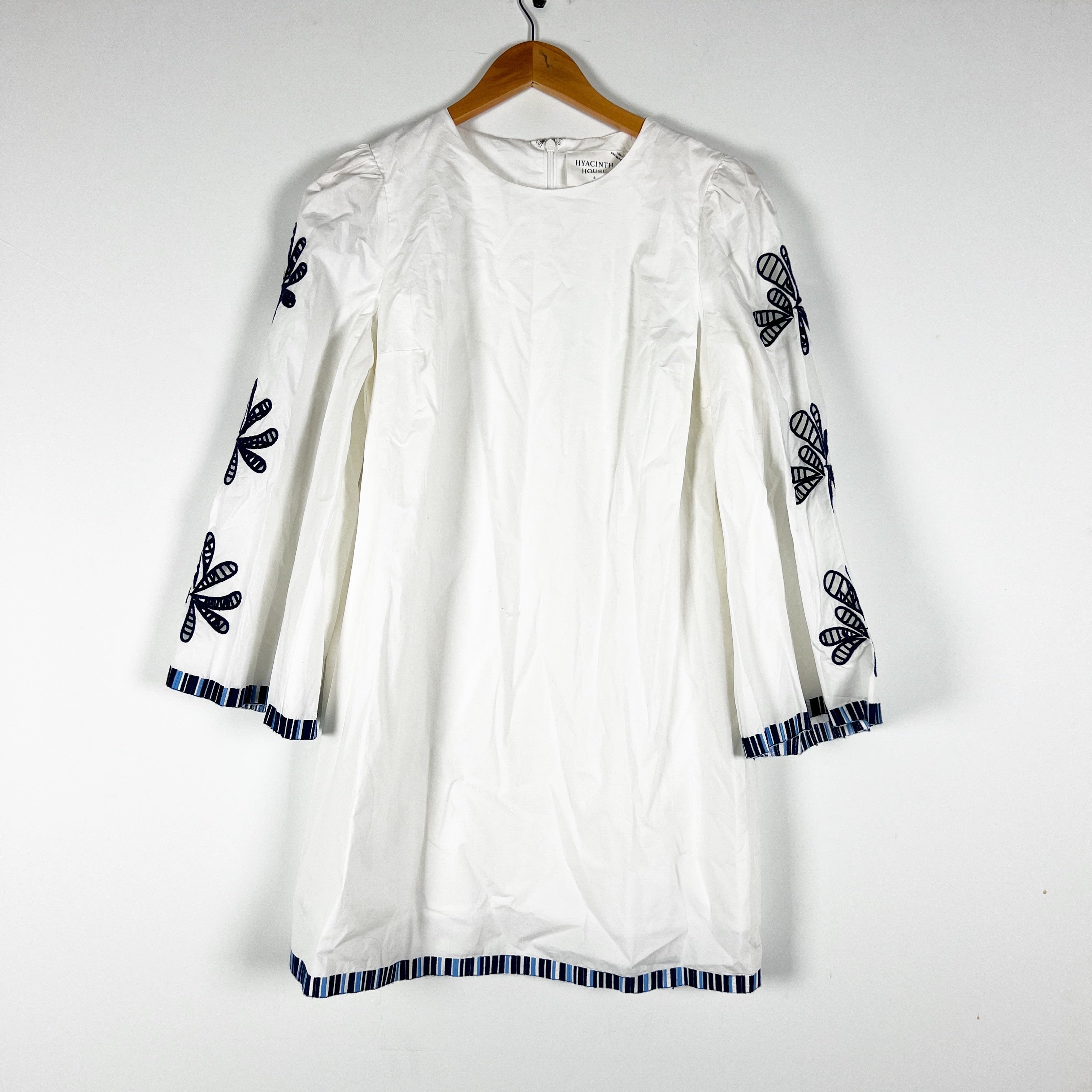 NEW Hyacinth House Atlantic Blue White Embroidery Lace Cotton Poplin Mini Dress S