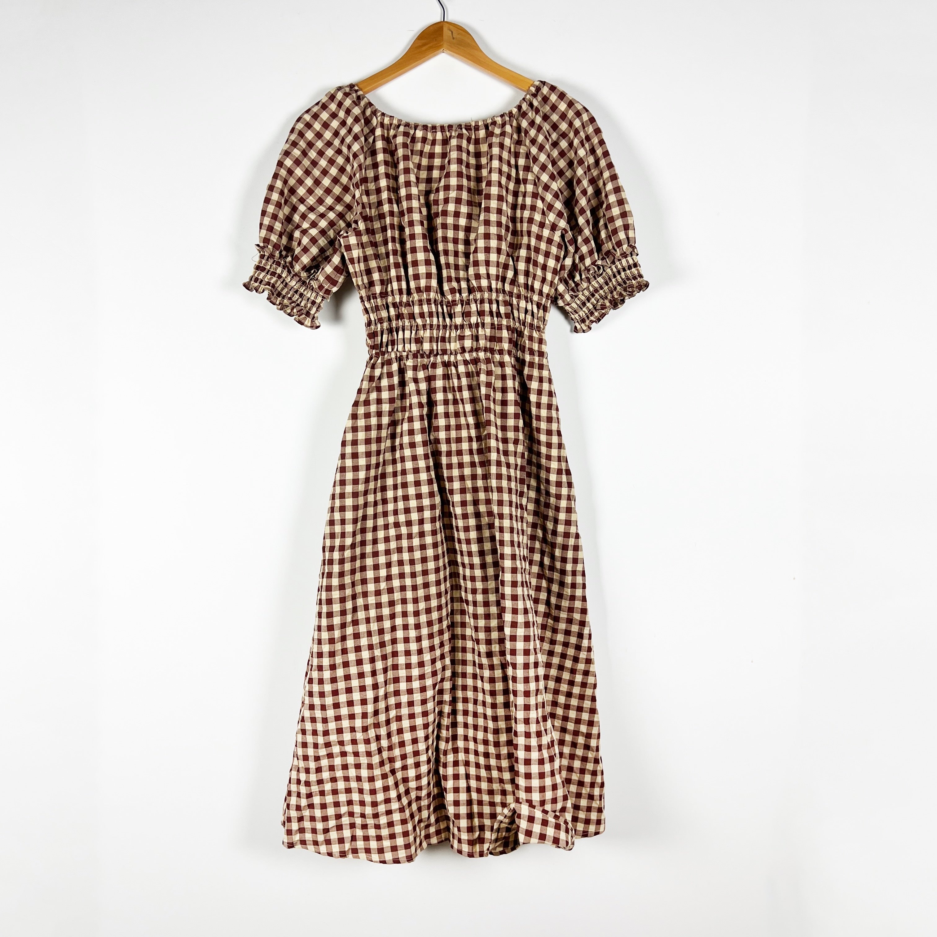 NEW Ivy City Co Kaitlyn Cotton Blend Brown Gingham Check Print Midi Dress S