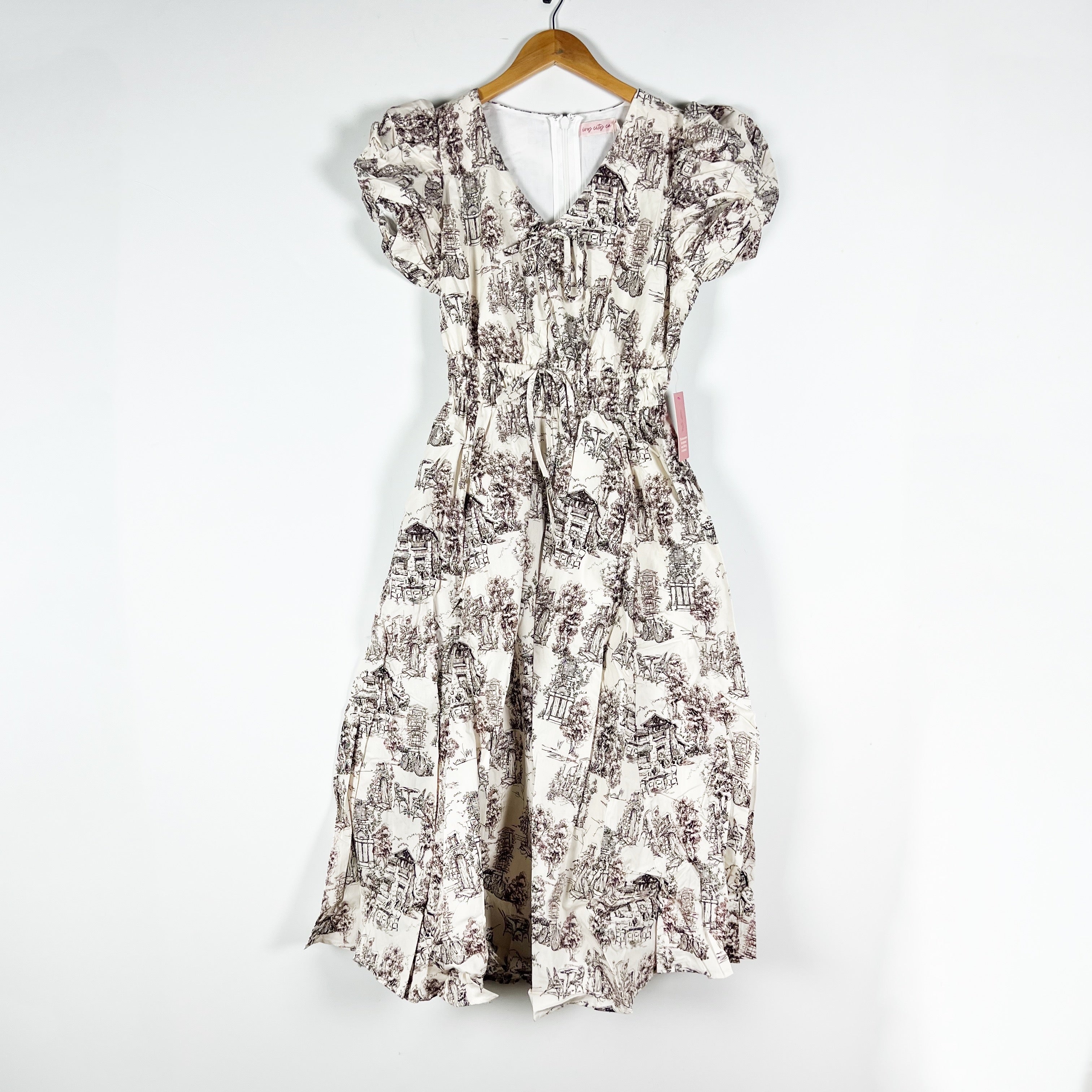 NEW Ivy City Co Zaza Cotton Poplin Short Puff Sleeve Midi Dress In Brown Toile S