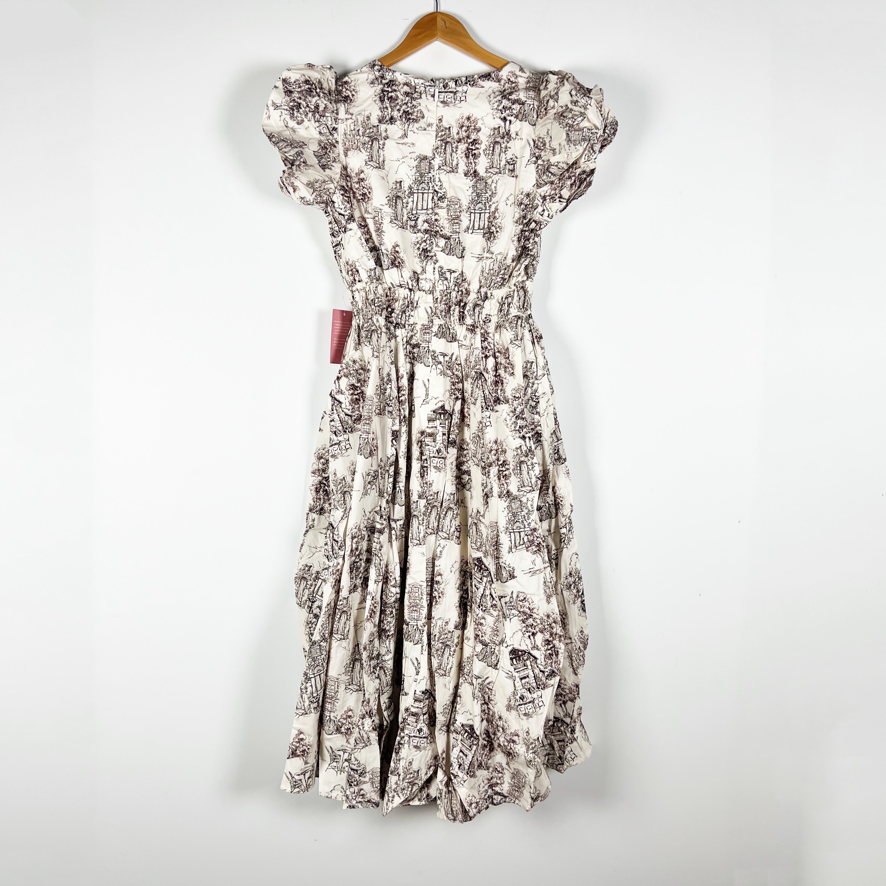 NEW Ivy City Co Zaza Cotton Poplin Short Puff Sleeve Midi Dress In Brown Toile S