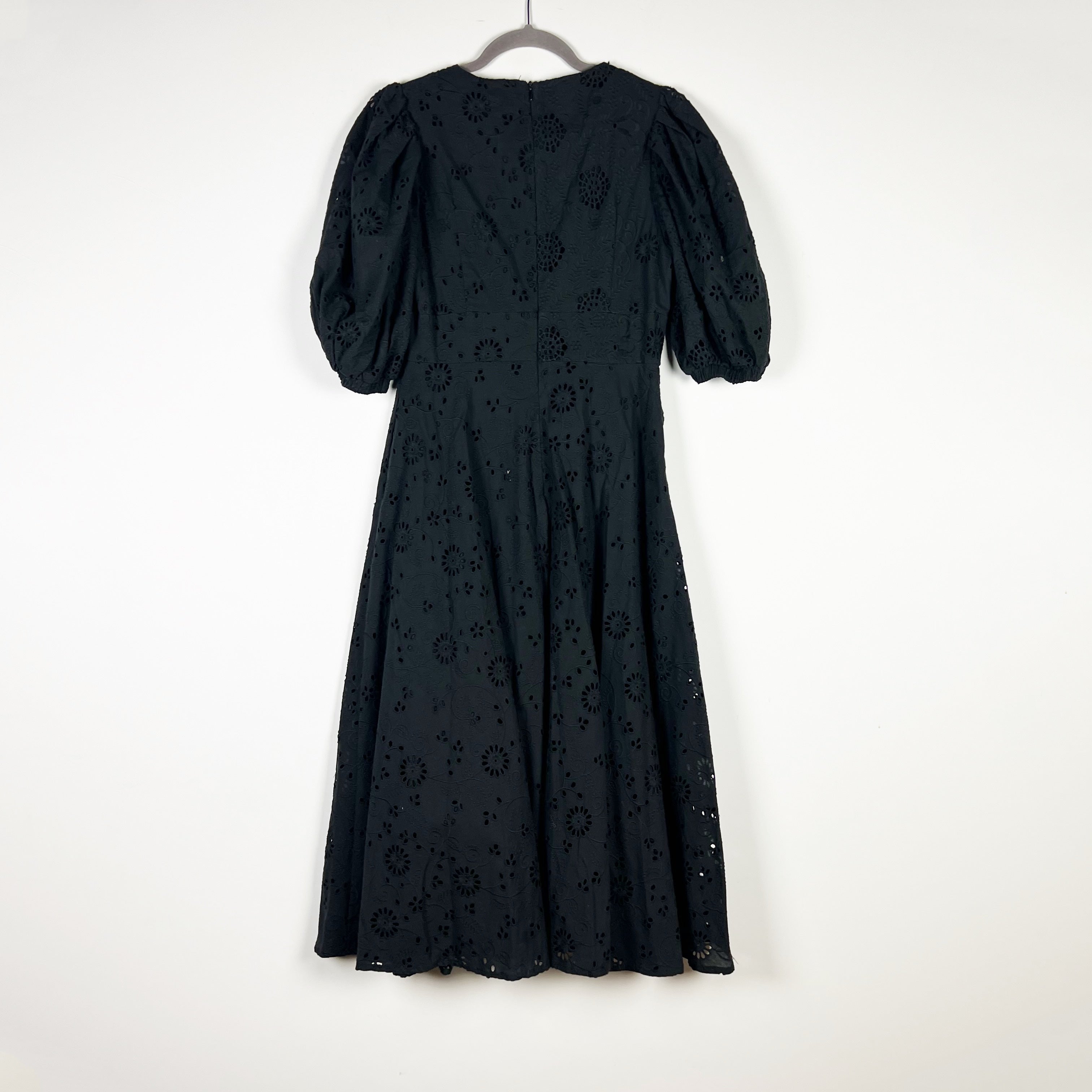 O.P.T Cotton Eyelet Lace V Neck Puff Short Sleeve Pullover Maxi Dress Black S