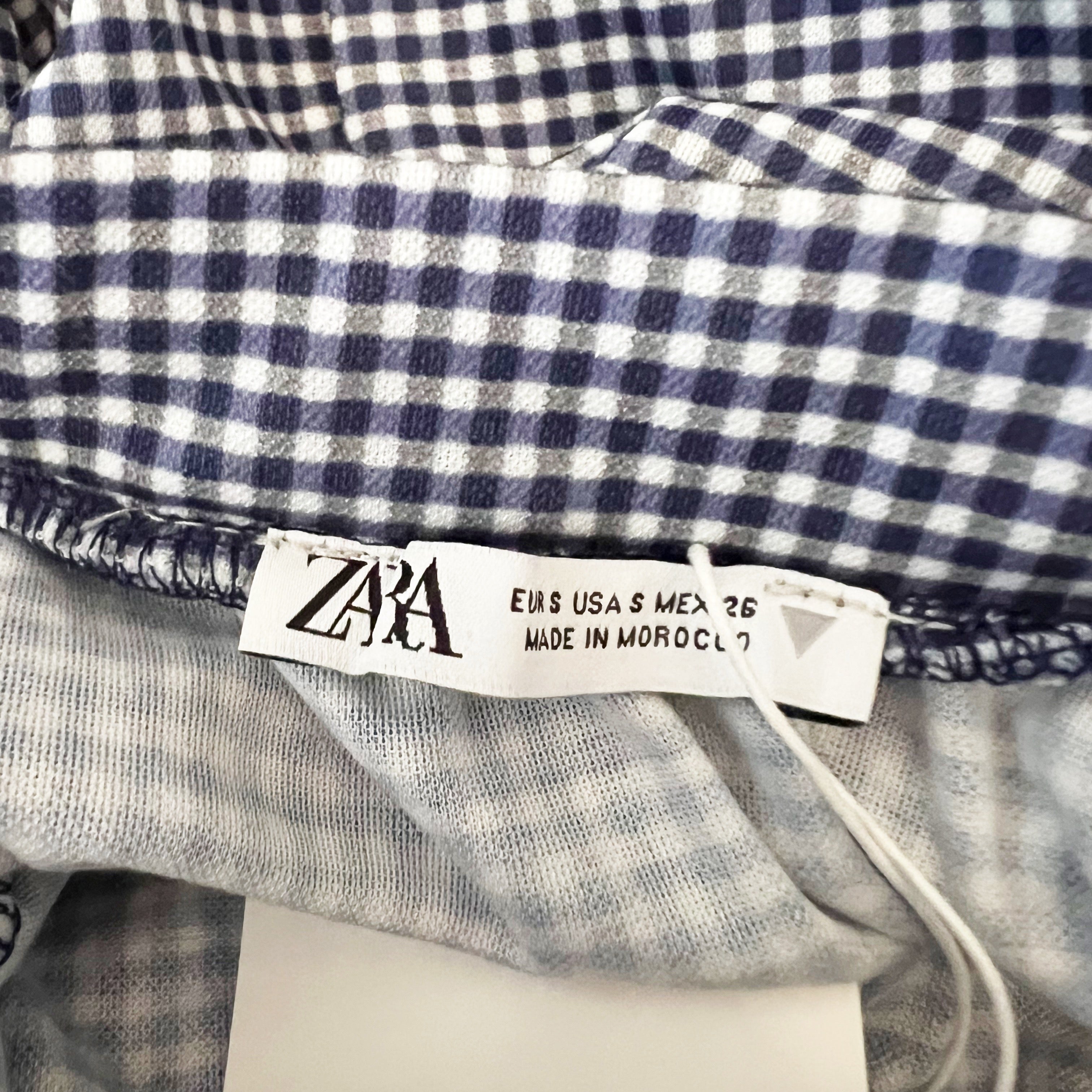 NEW Zara Blue White Micro Gingham Check Print Pattern Ruffle Tiered Mini Skirt S