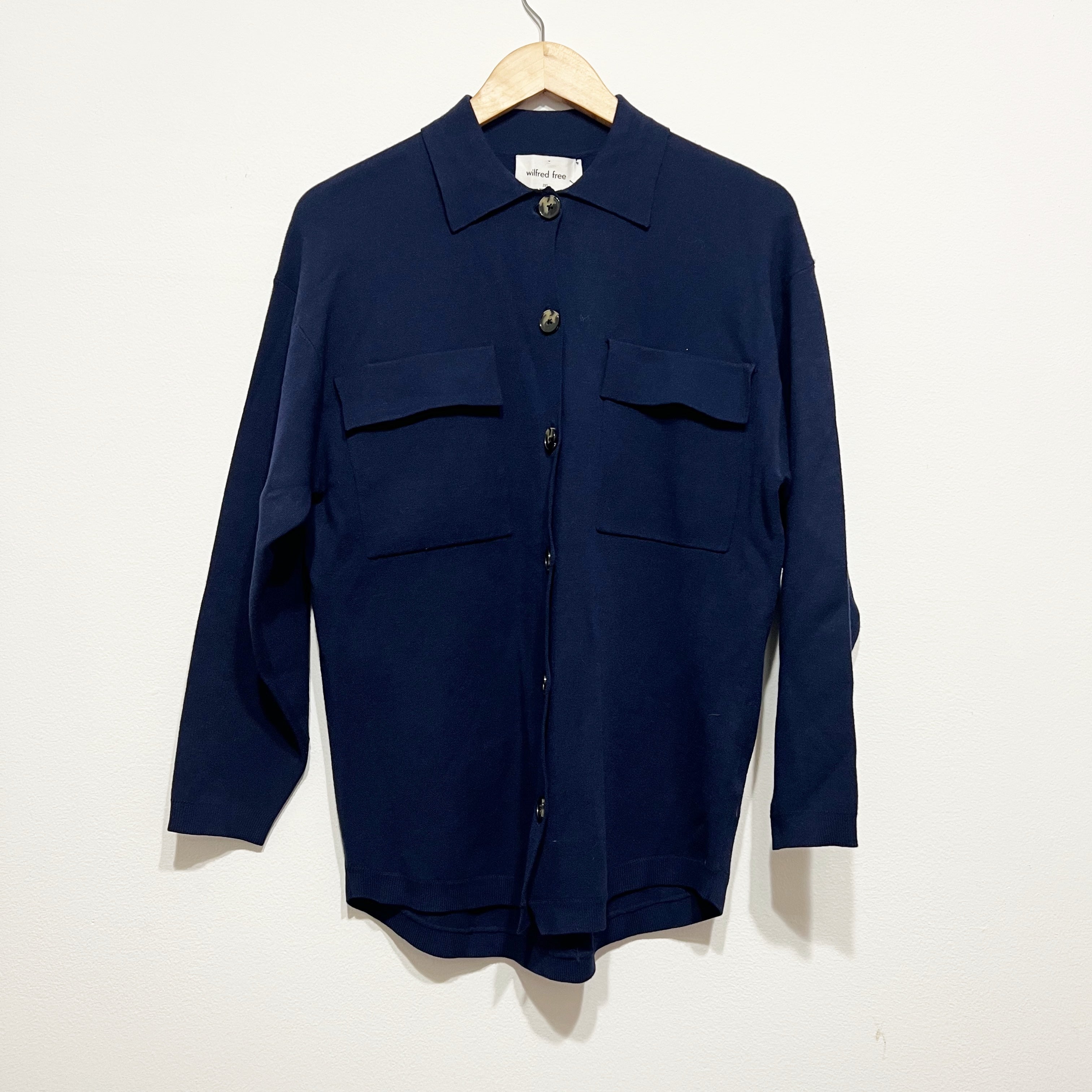 NEW Wilfred Aritzia Ronnie Long Knit Stretch Relaxed Shirt Jacket Admiral Blue