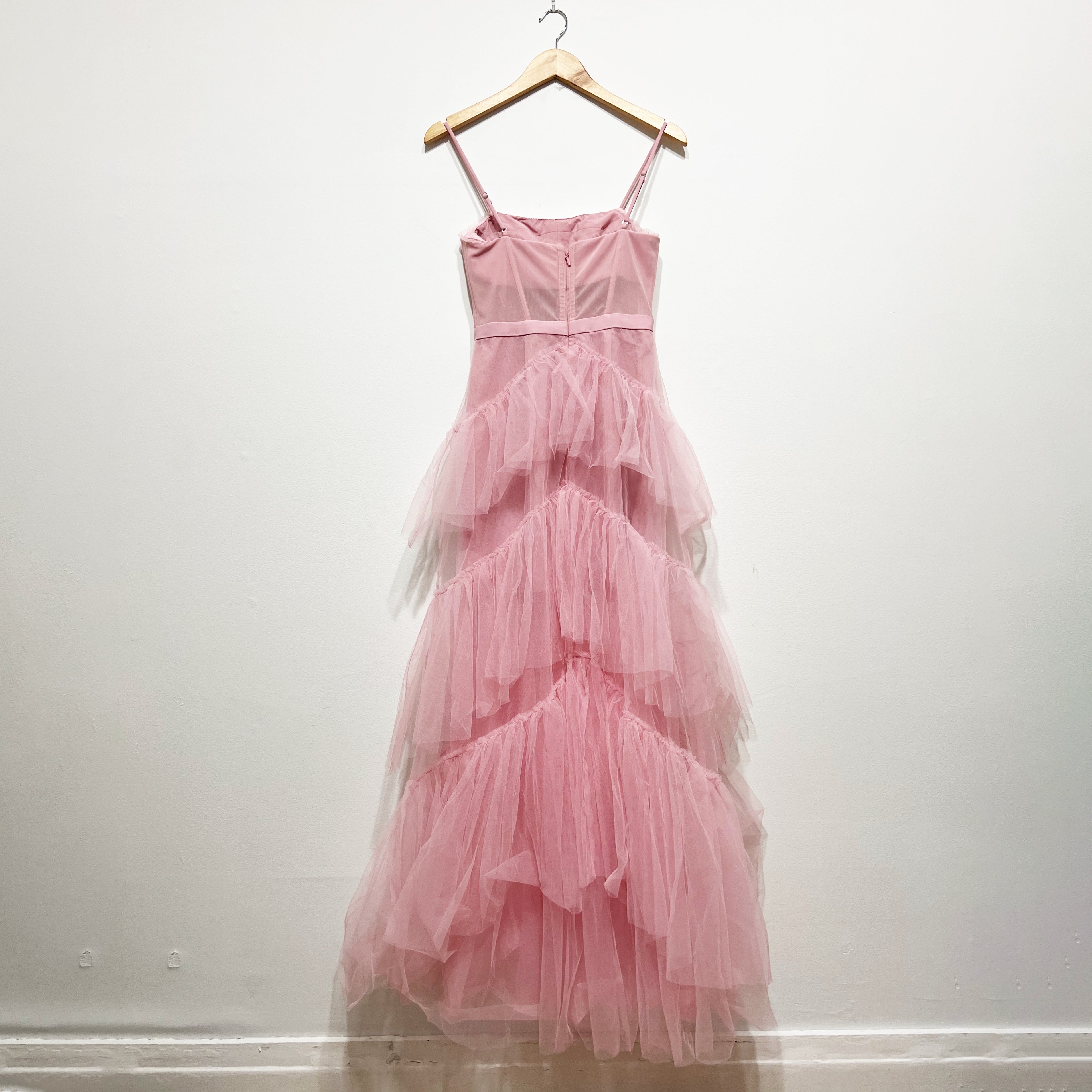 NEW BCBGMaxAzria Tulle Mesh Layered Tiered Corset Essential Gown Dress Pink Rose