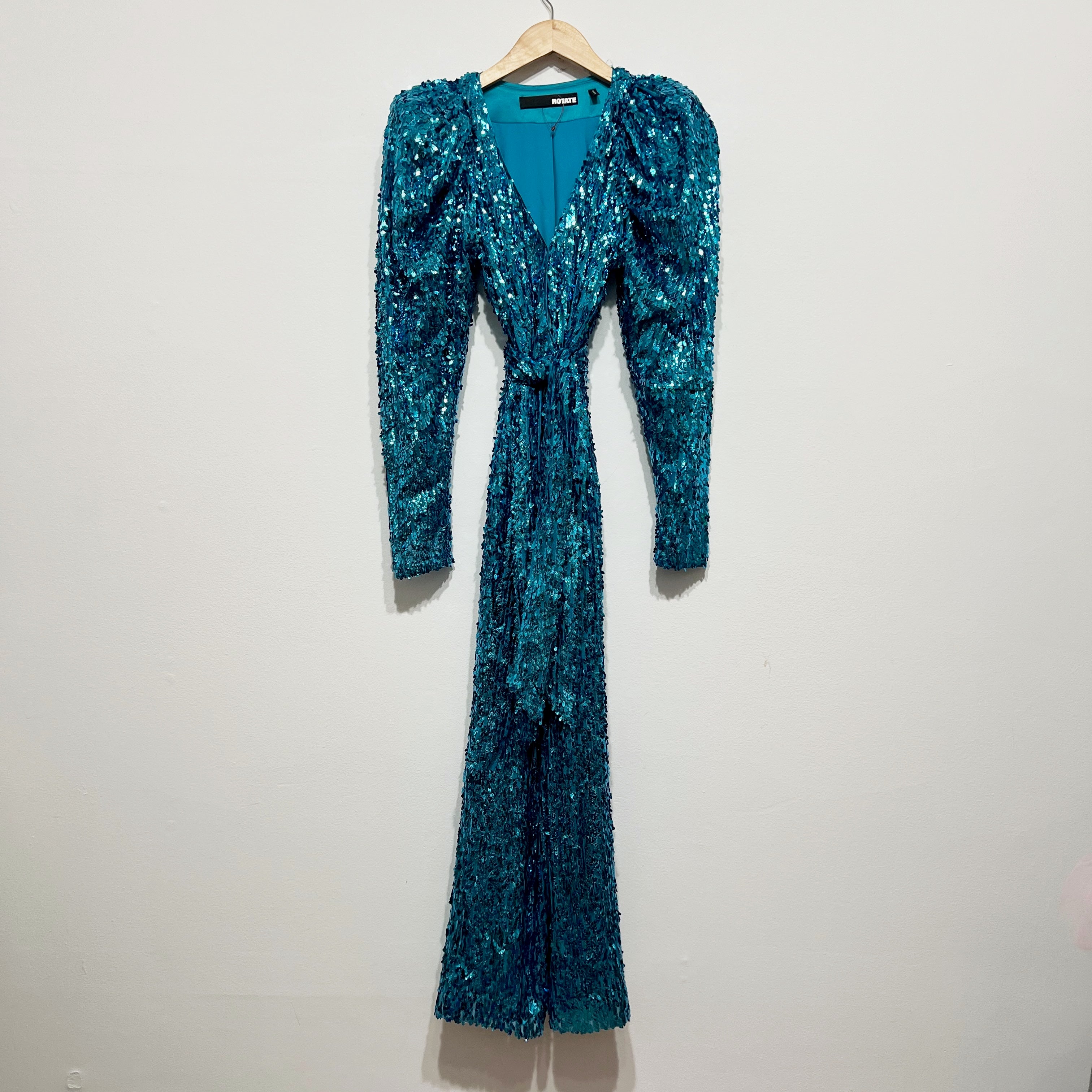 Rotate Birger Christensen Puff-Sleeve Sequined Wrap Midi Dress Barrier Reef Blue