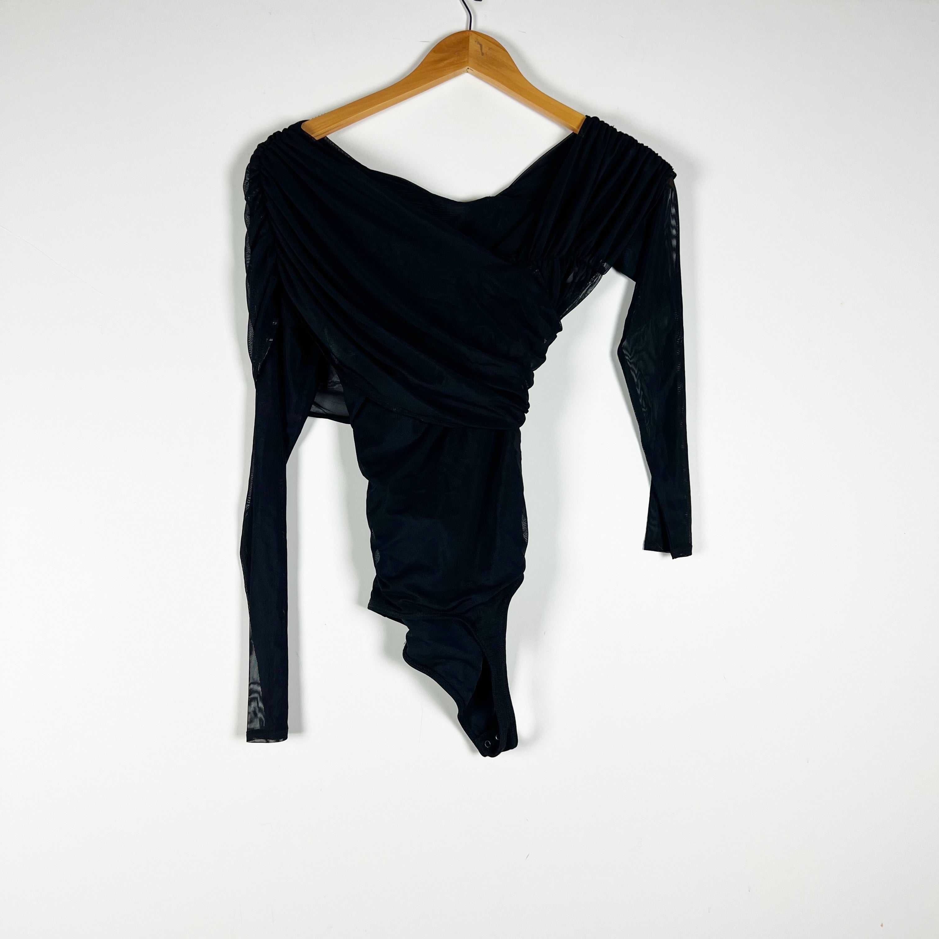 NEW Abercrombie & Fitch Ruched Mesh Off The Shoulder Bodysuit Black Small