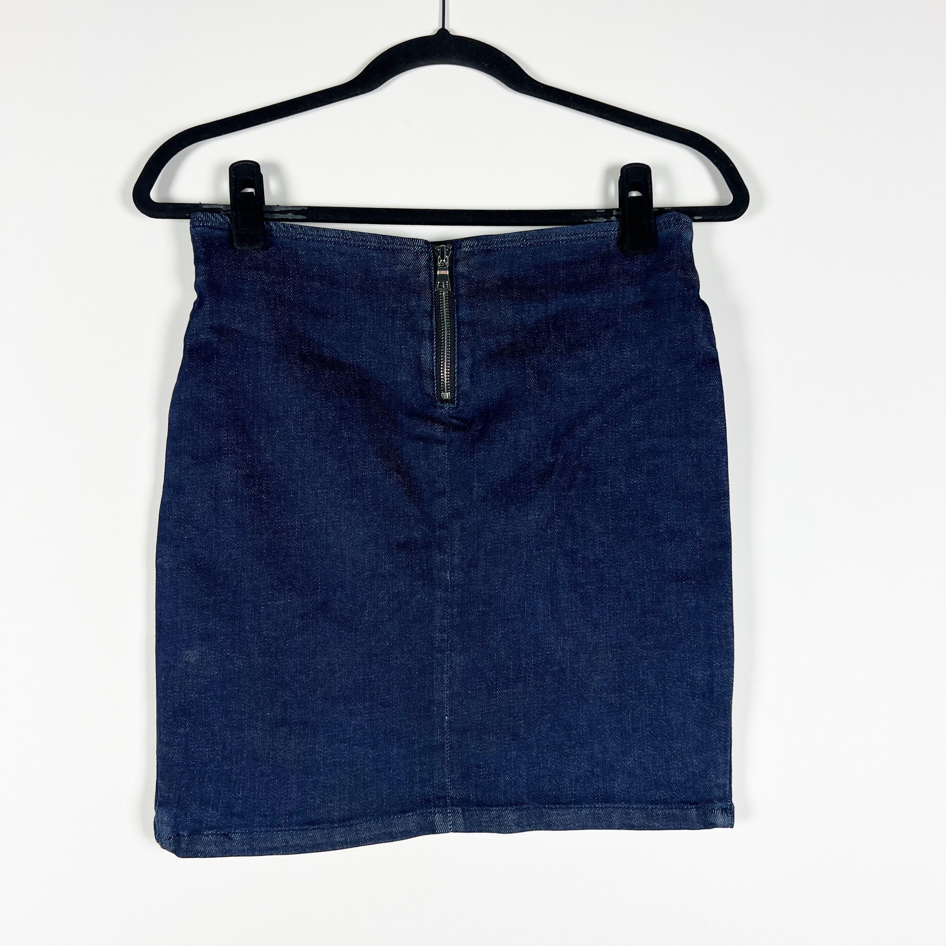 RTA Cotton Stretch Asymmetrical Zipper Detail Tulip Hem Mini Denim Jean Skirt 4