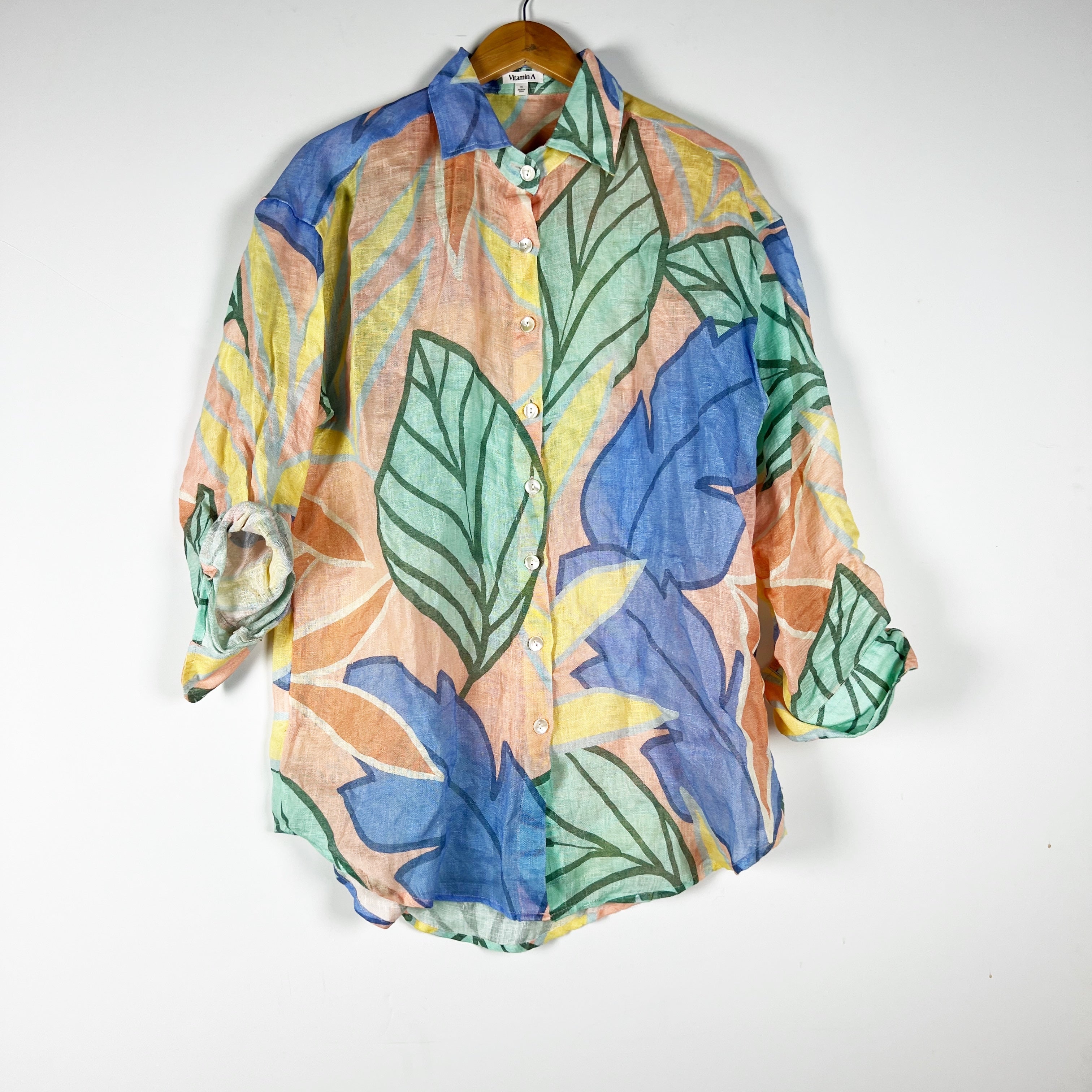 Vitamin A Playa Linen Button Down Boyfriend Shirt Retro Jungle EcoLinen Small