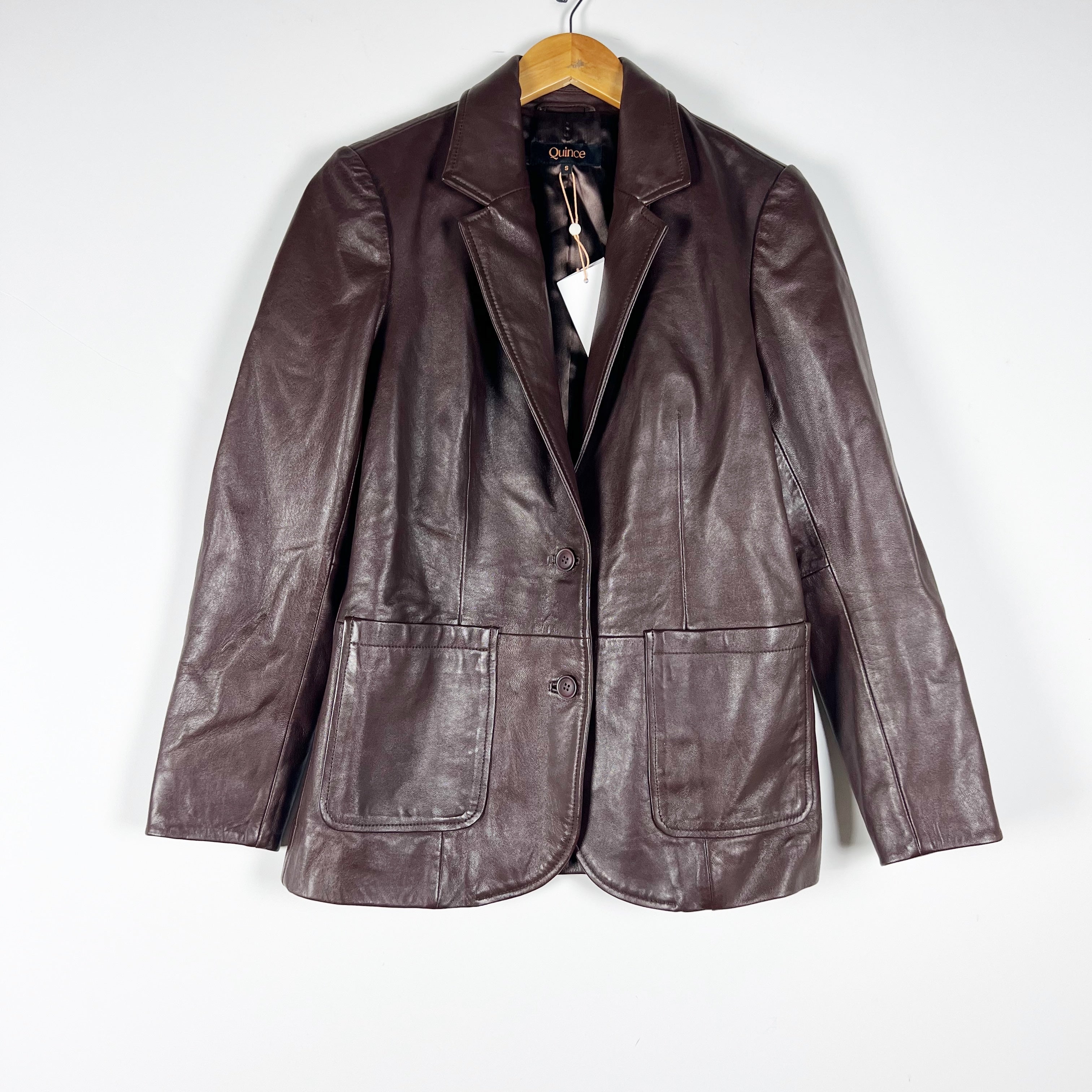 NEW Quince 100% Lamb Leather Structured Two Button Blazer Jacket Brown Small