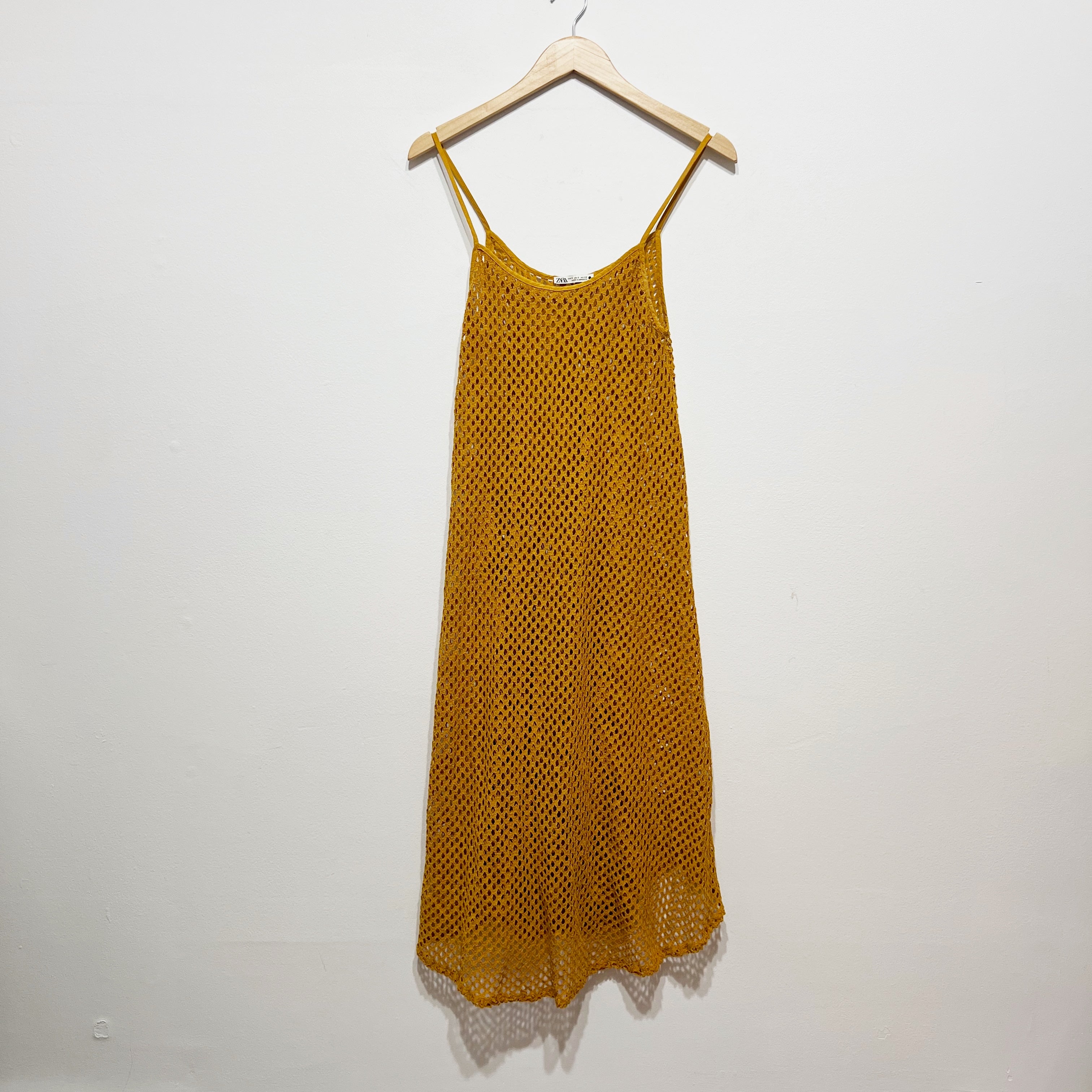 Zara Fishnet Crochet Knit Open Hole Semi Sheer Pullover Midi Dress Neutral Small