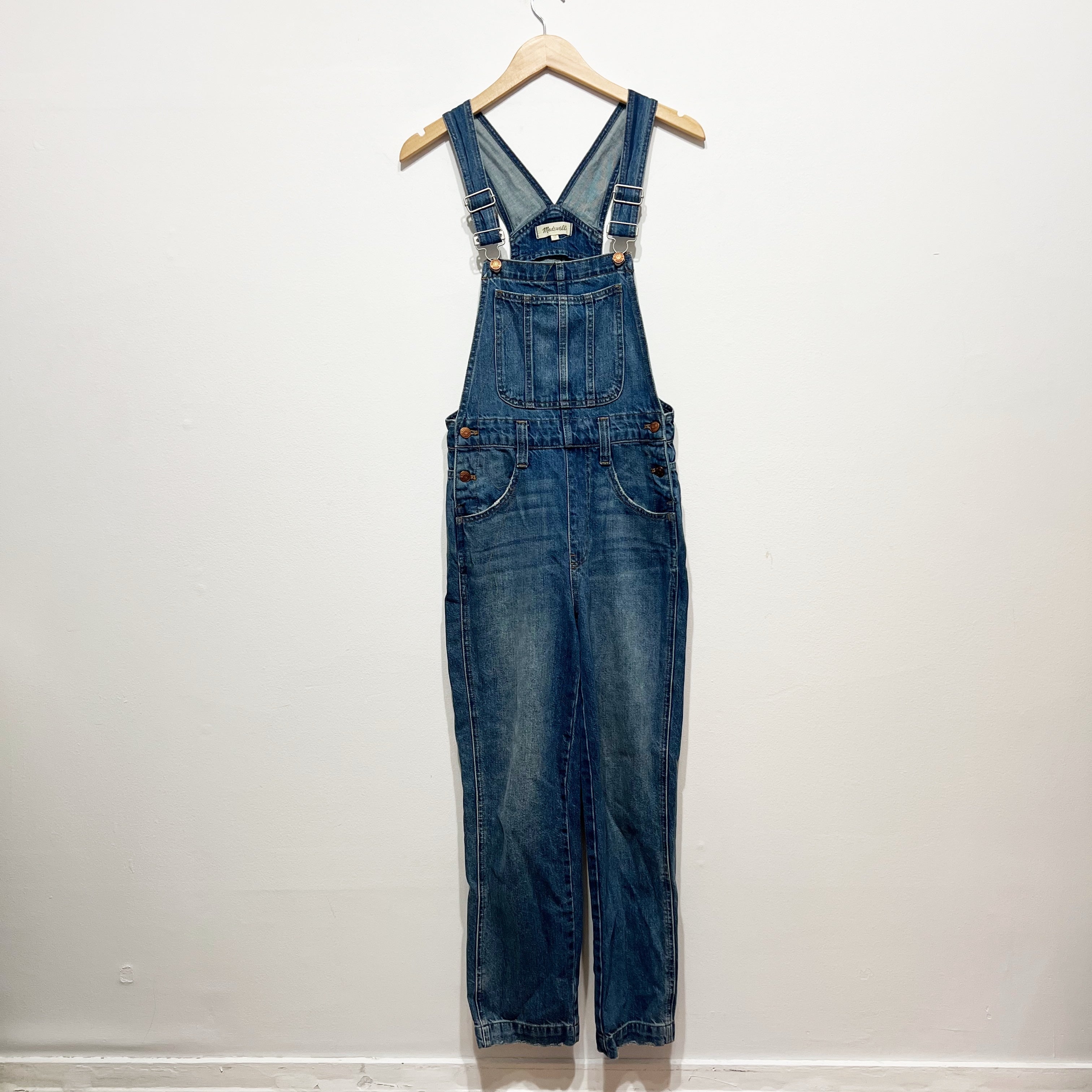 Madewell Straight Leg Cotton Denim Overalls Jumper In Elmridge Wash Blue XS