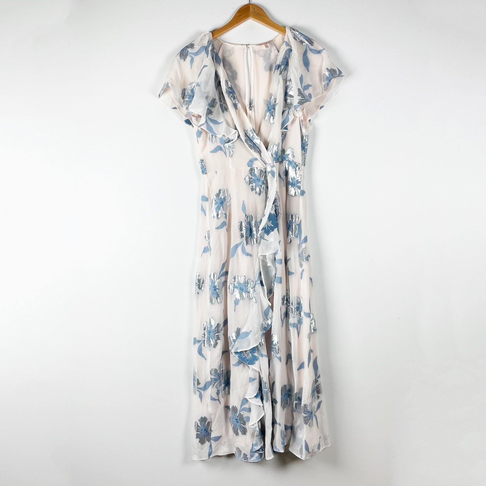 Rebecca Taylor Met Fleur Silk Chiffon Faux Wrap Ruffle Metallic Midi Dress 4