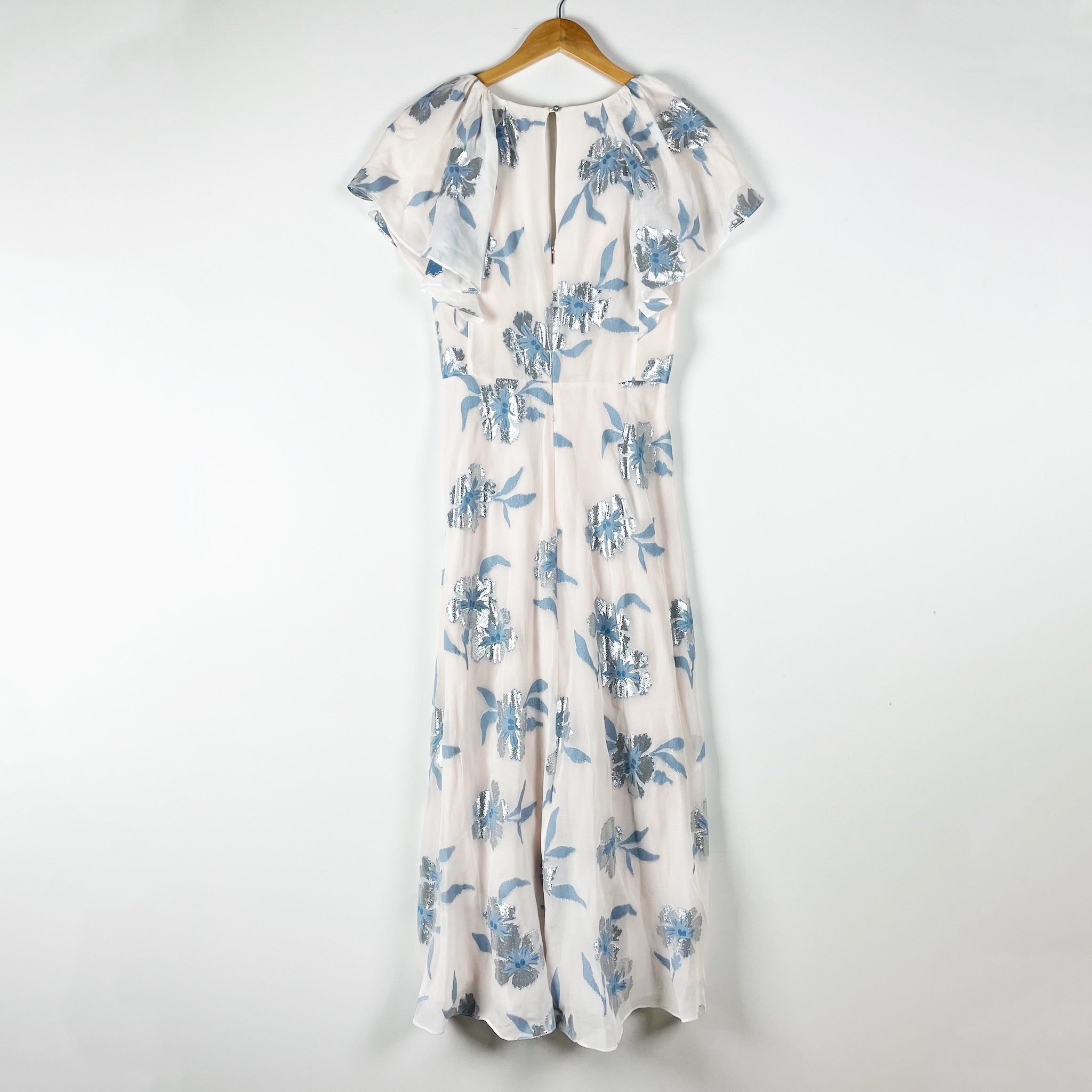 Rebecca Taylor Met Fleur Silk Chiffon Faux Wrap Ruffle Metallic Midi Dress 4