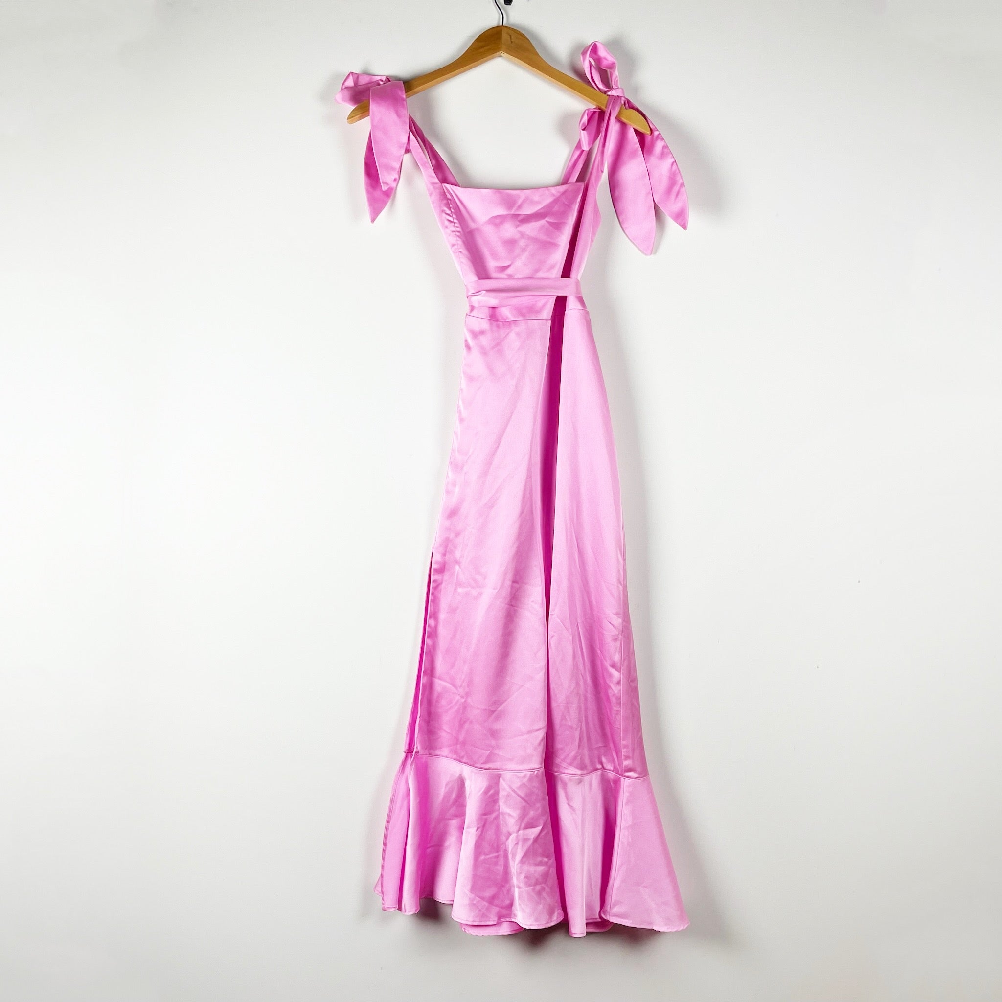 Show Me Your Mumu Garden Midi Dress Ruffle Square Neck Pink Luxe Satin Small