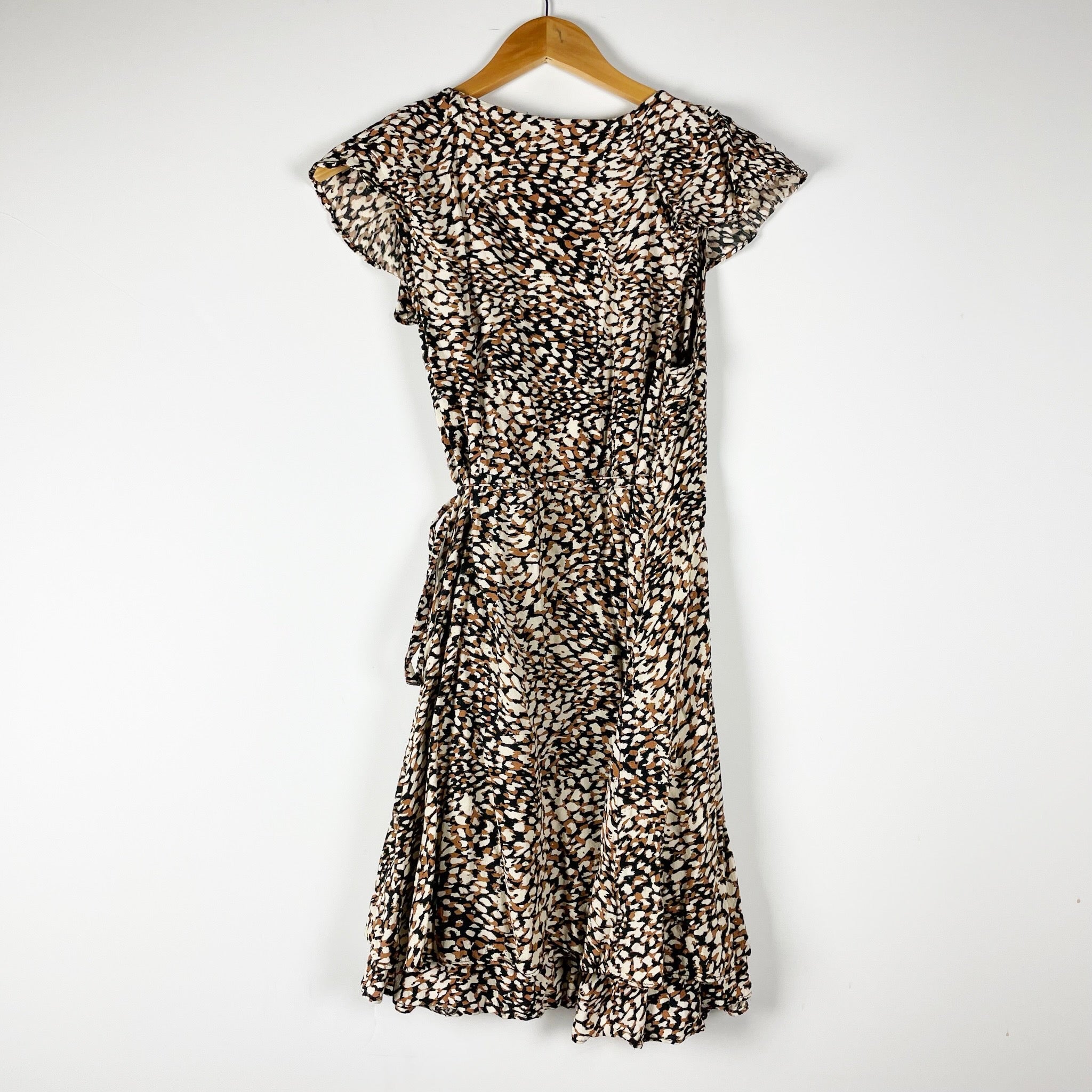 Free People French Quarter Crepe Short Sleeve V Neck Wrap Mini Dress Leopard M