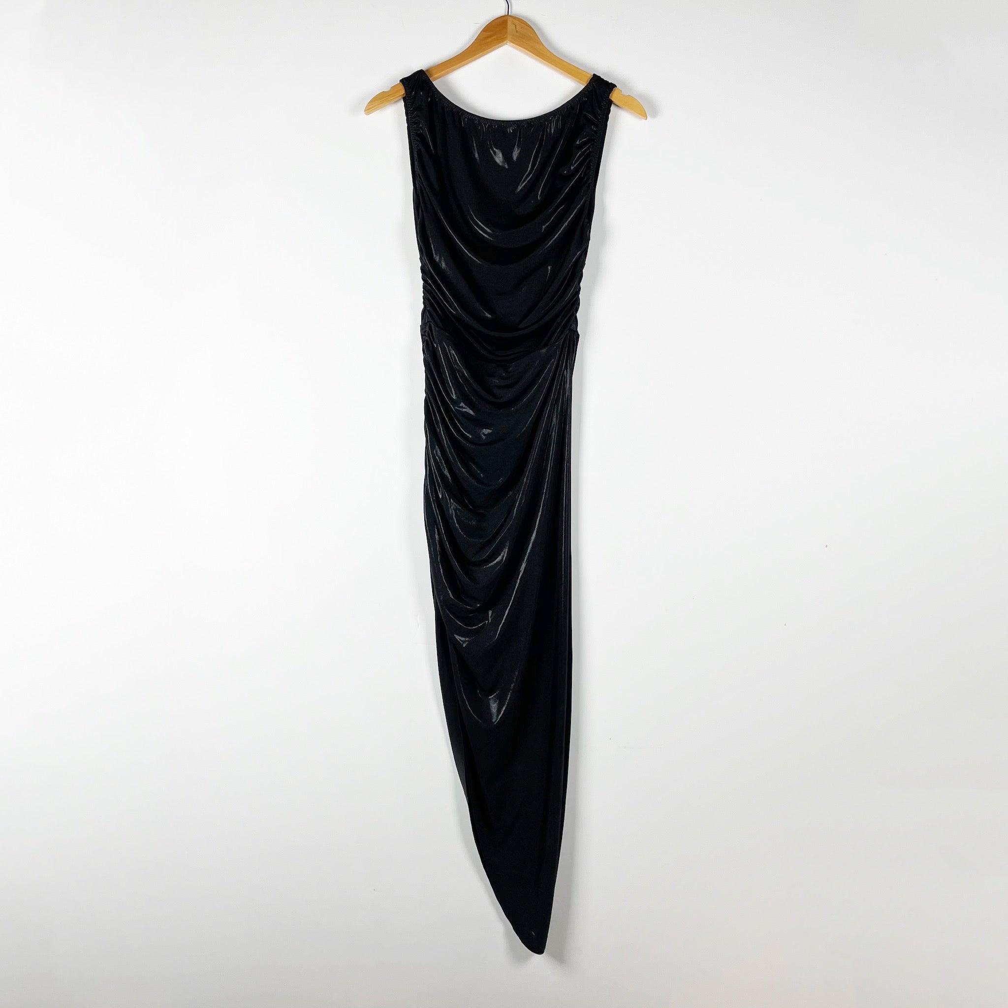 Norma Kamali Tara Bodycon Side Drape Ruched Gown Dress Black Metallic Lame Small