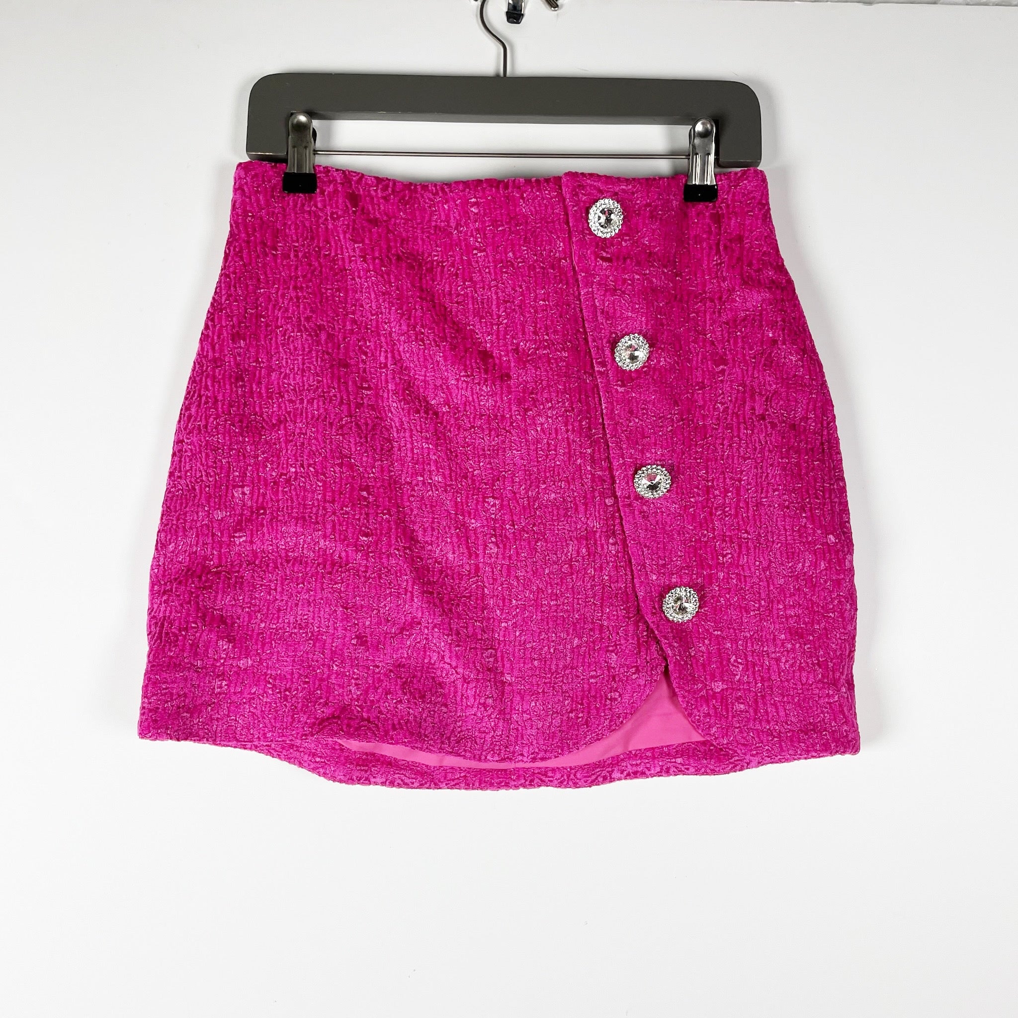 Majorelle Penelope Cotton Blend Textured Crystal Jewel Button Mini Skirt Pink M