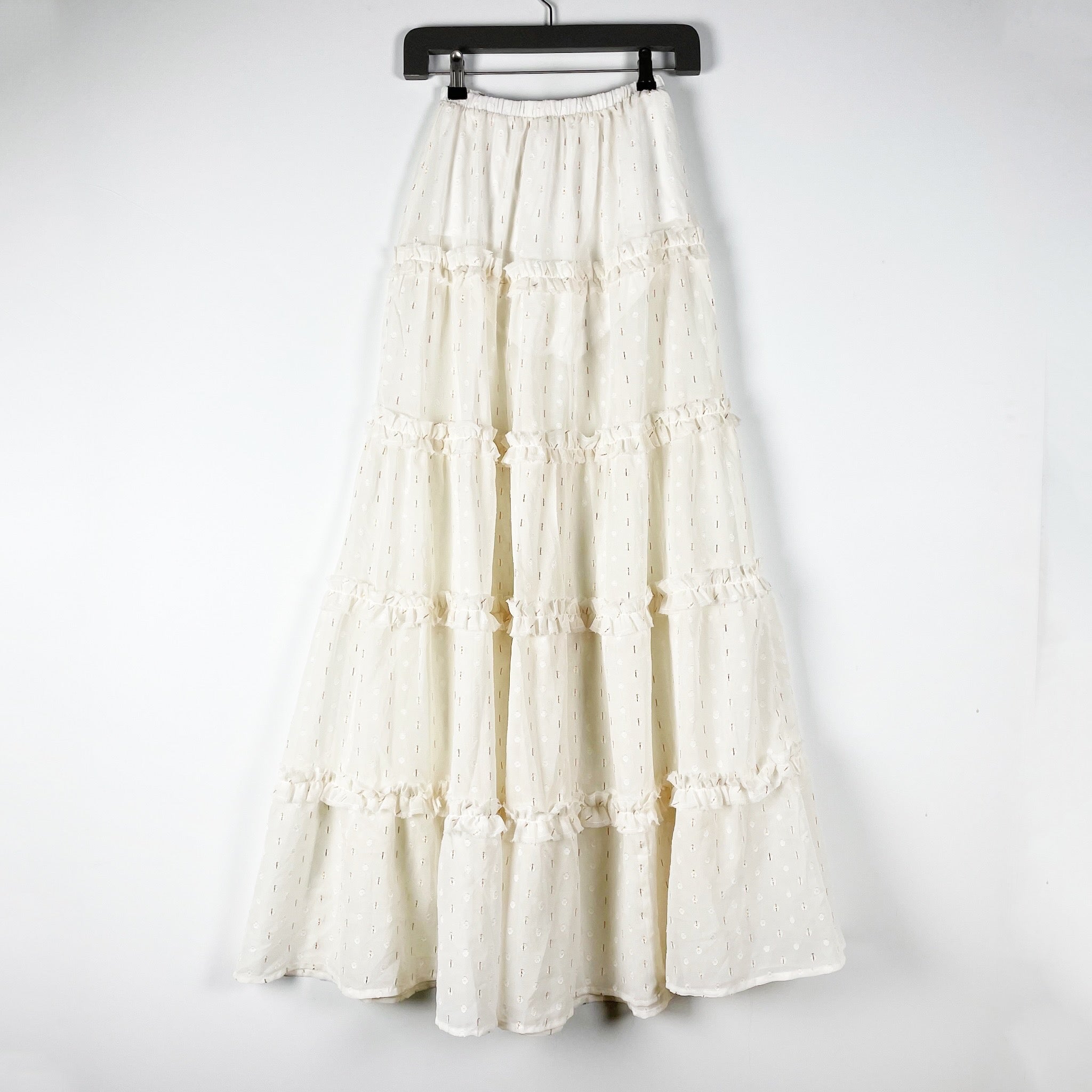 AFRM Sabina Semi Sheer Chiffon Tiered Maxi Skirt Gardenia Gold Swiss Dot XS