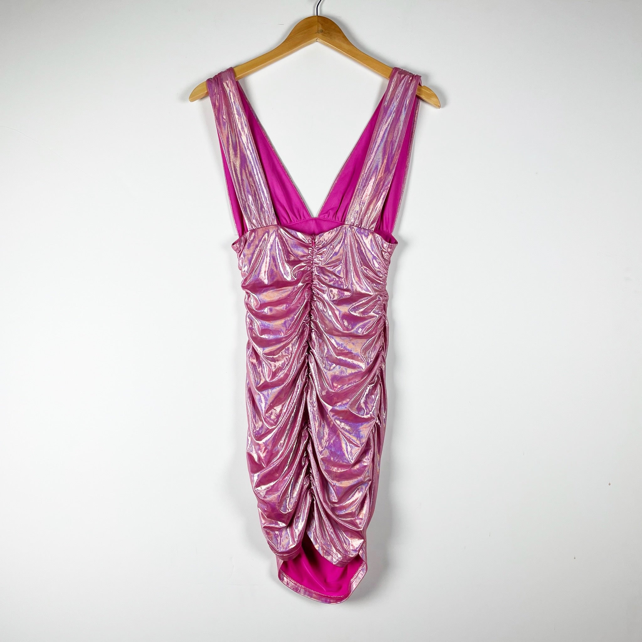 Superdown Kerrie Deep V Neck Pink Holographic Shine Cocktail Mini Dress Small