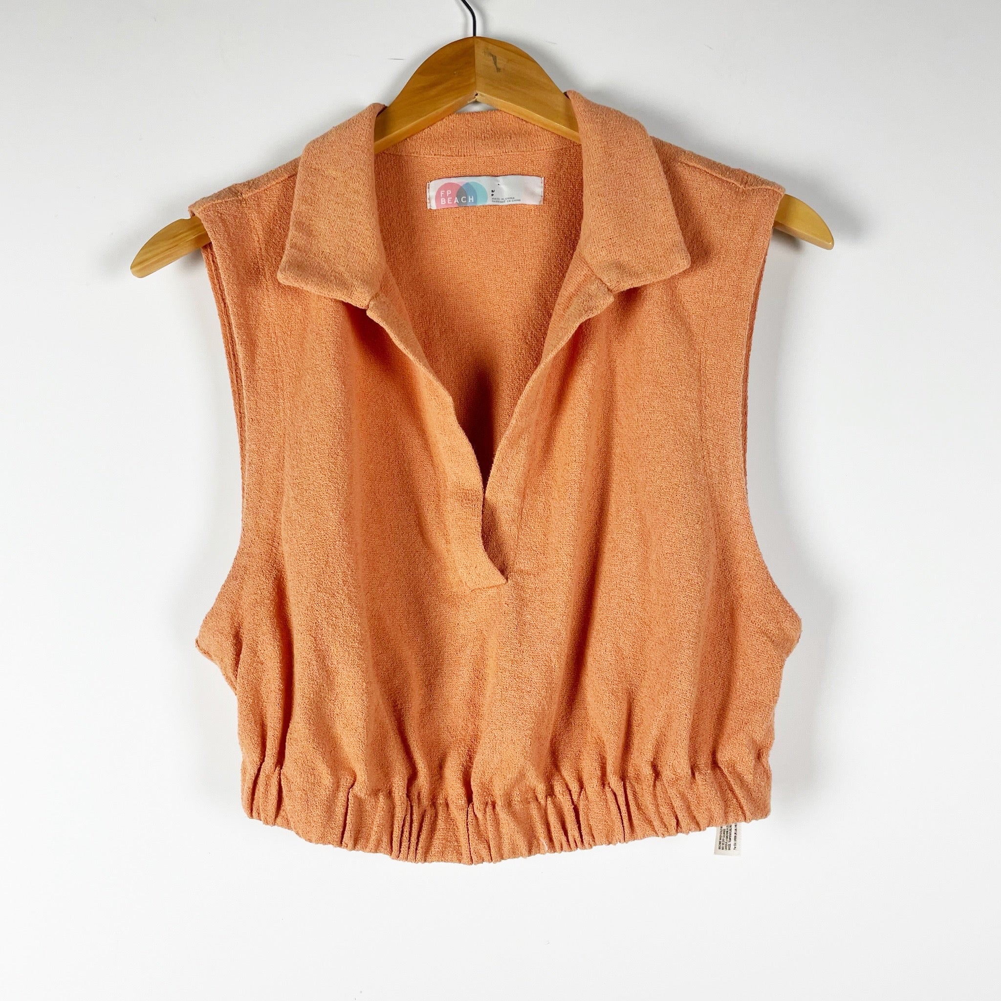 Free People Beach Ace Set Cotton Terry Collared V Neck Crop Top Peach Pit Small