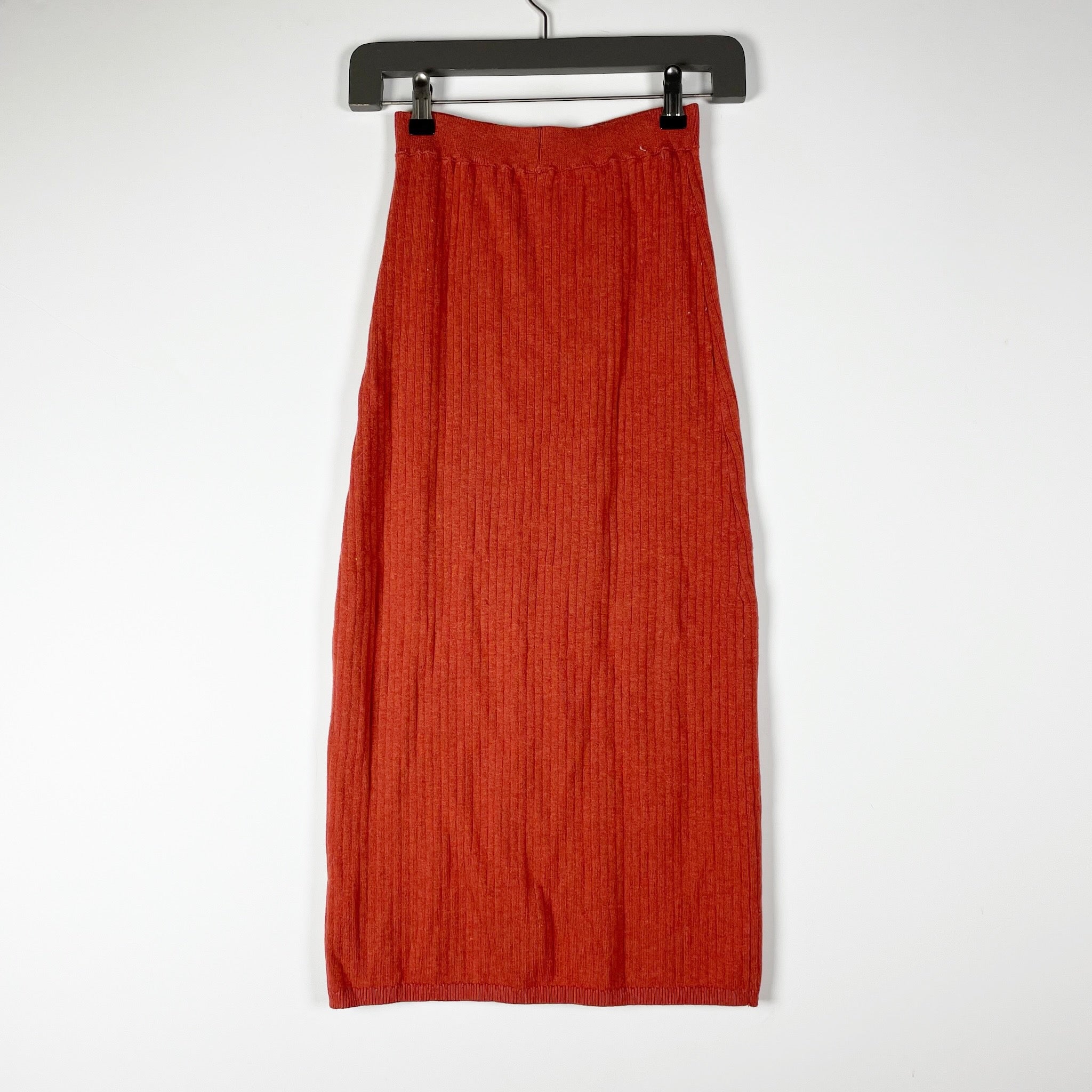 Free People Skyline Cotton Ribbed Knit Stretch Pull On Midi Skirt Orange Small