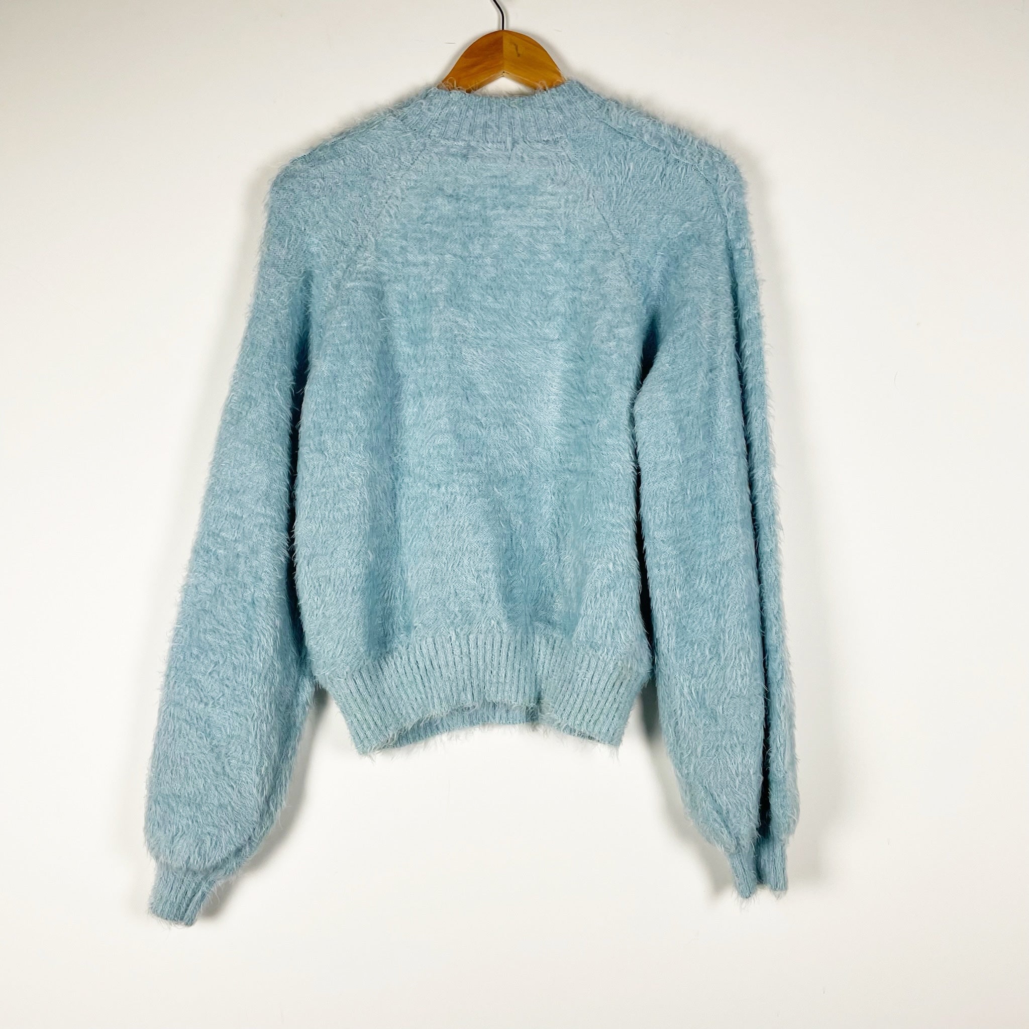 Show Me Your Mumu Vienna Fuzzy Knit Stretch Crew Neck Pullover Sweater Blue S