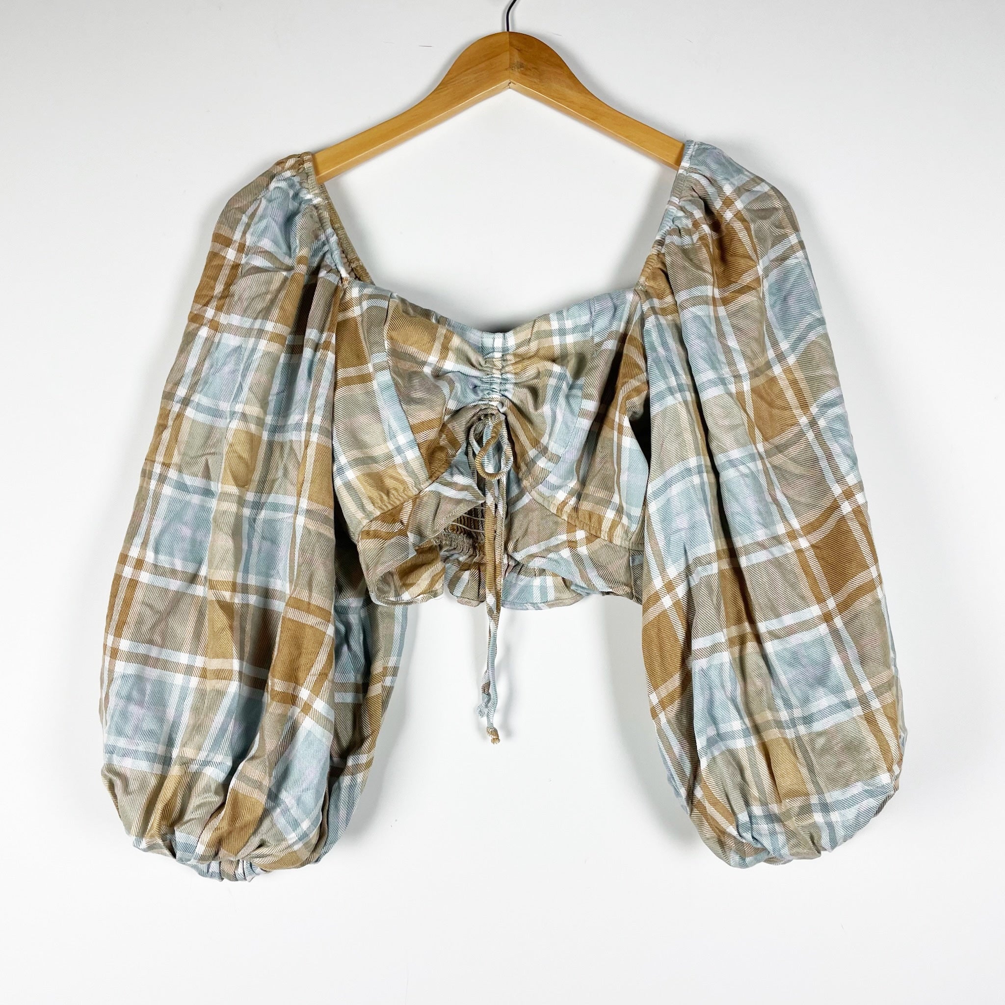 Show Me Your Mumu Jenna Ruched Front Long Sleeve Crop Top Shirt Plaid Print S