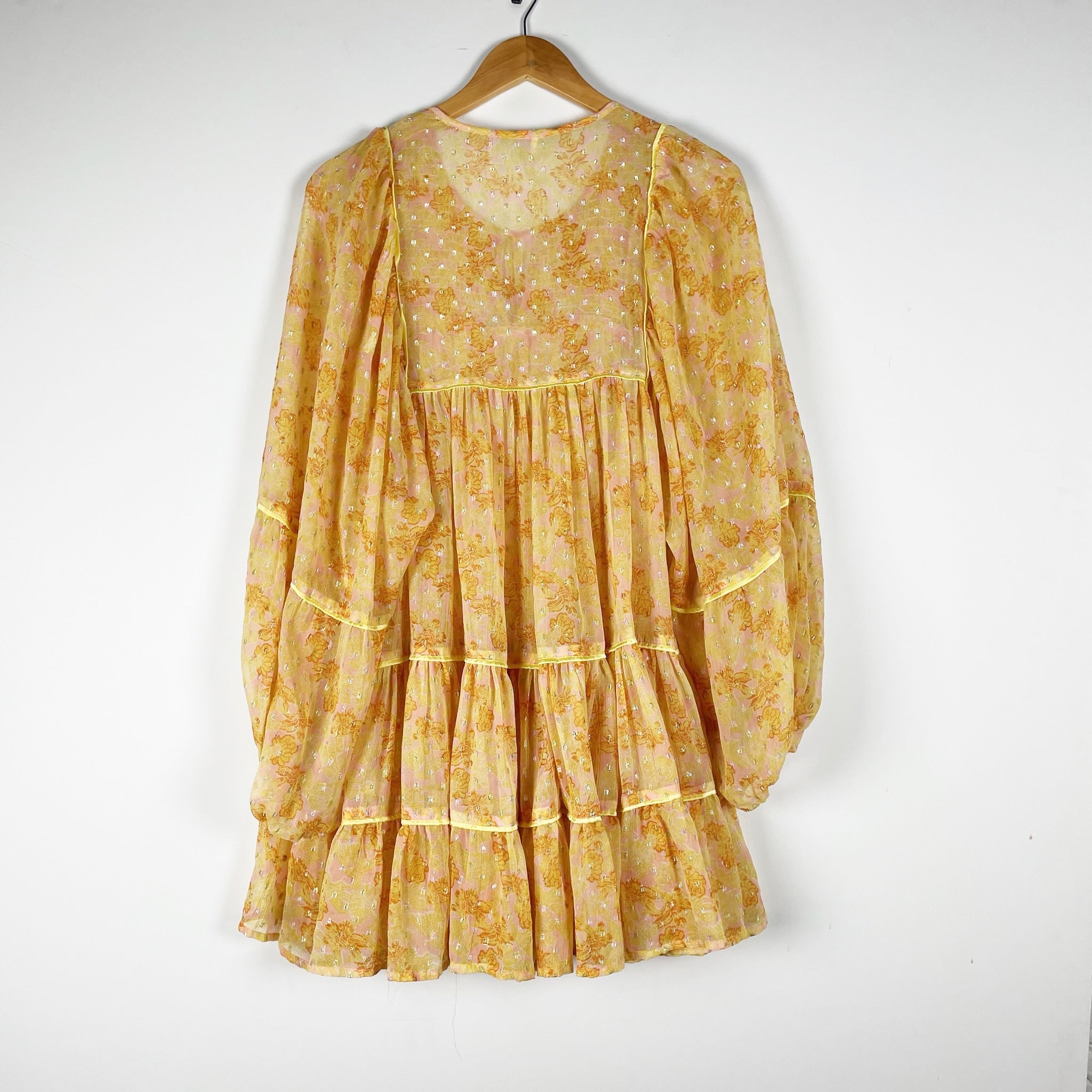Free People Free Swinging Tiered Chiffon Pullover Mini Dress Yellow Combo Gold S