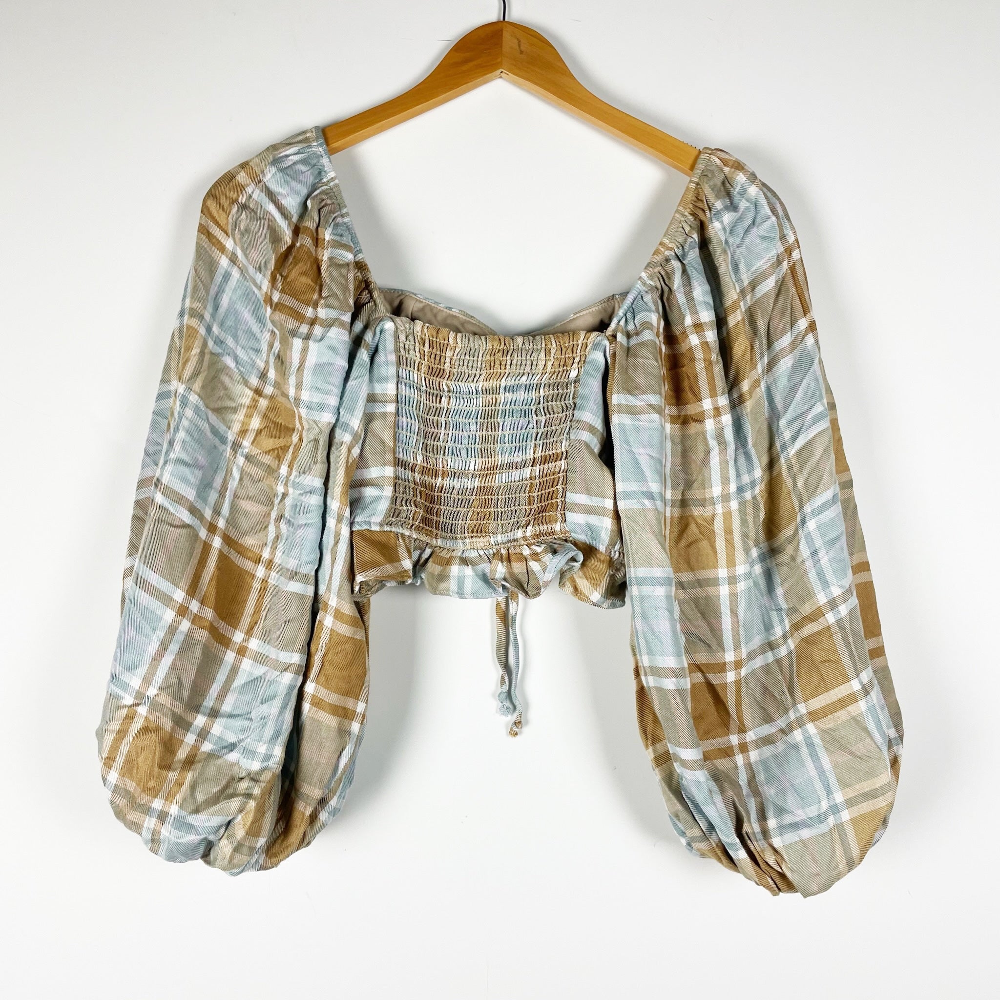 Show Me Your Mumu Jenna Ruched Front Long Sleeve Crop Top Shirt Plaid Print S