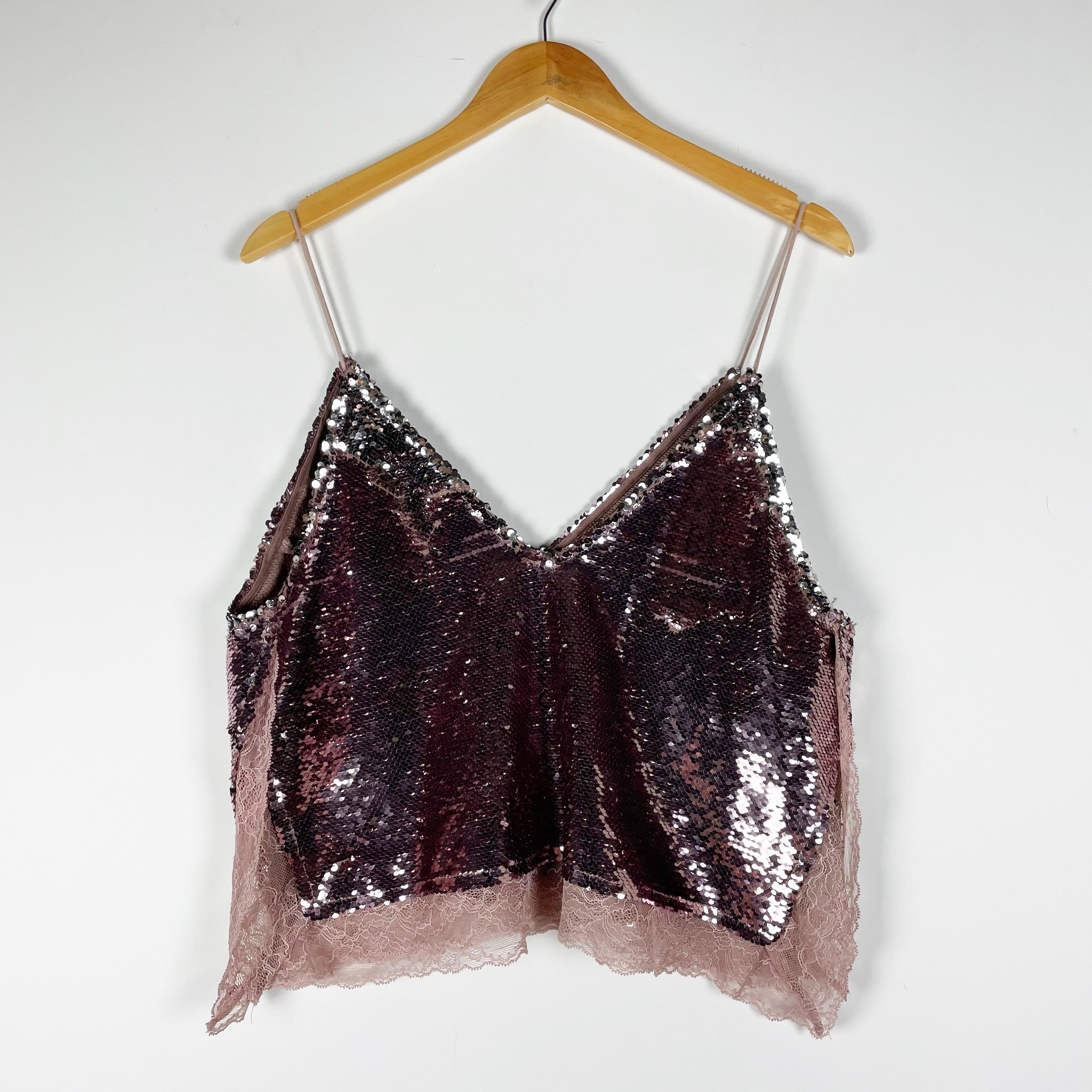 Free People Intimately Sequin Sparkle Embellished Lace Trim Camisole Tank Top S
