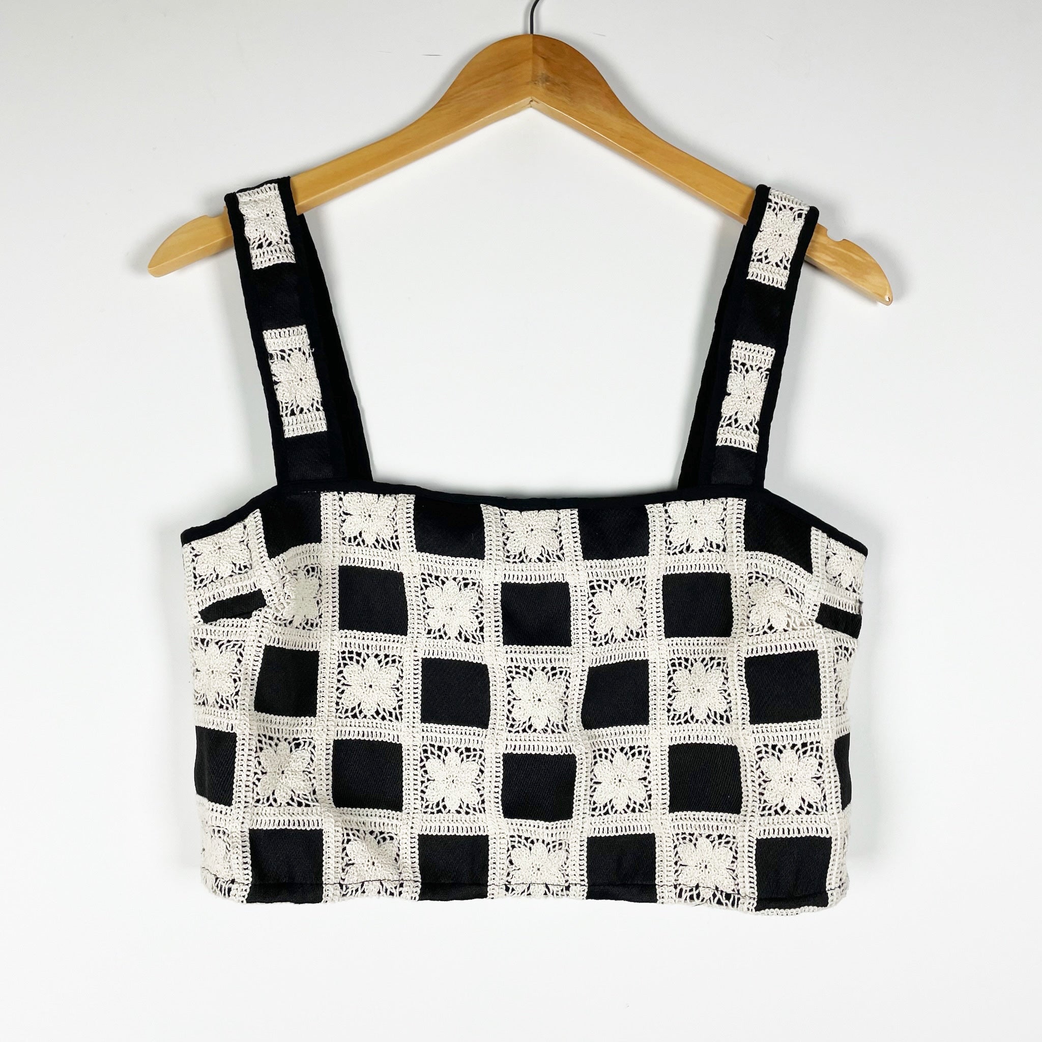 Tularosa Anna Black Ivory Cotton Crochet Knit Gingham Check Crop Tank Top Small