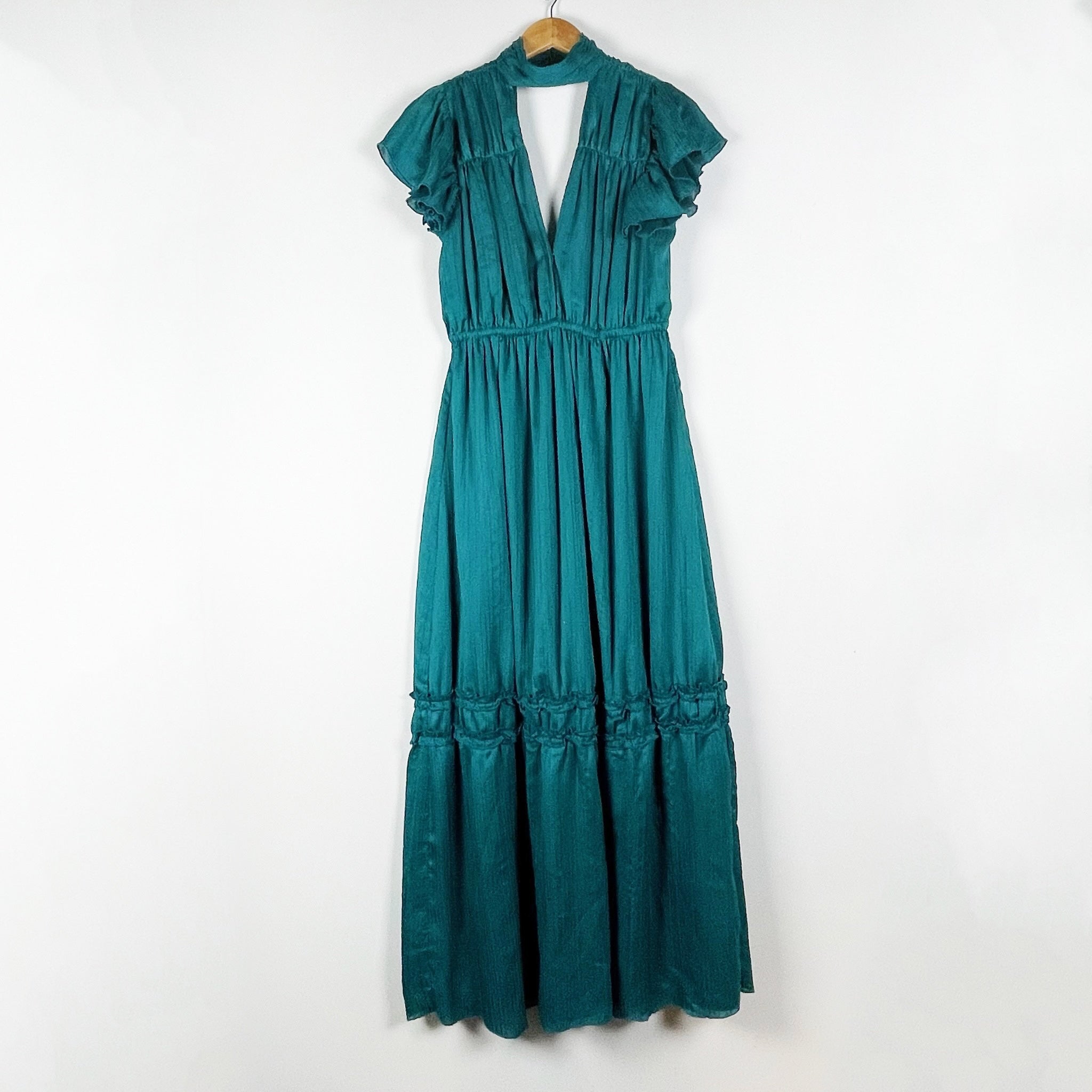 House Of Harlow Loraine Chiffon Cut Out High Neck Chiffon Tiered Maxi Dress Teal