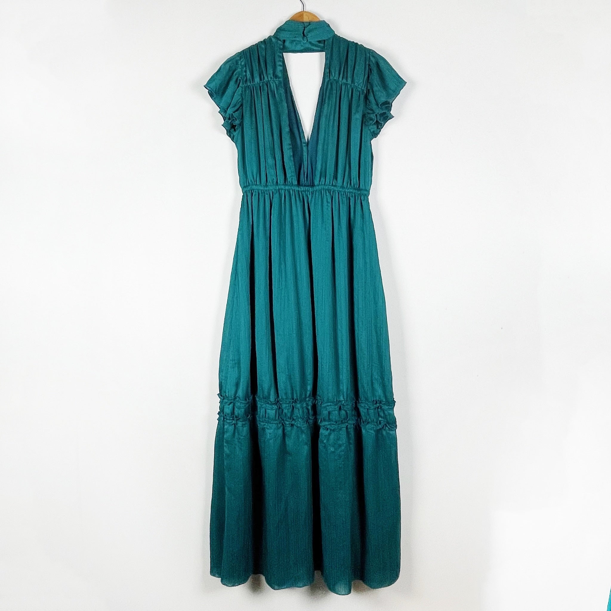 House Of Harlow Loraine Chiffon Cut Out High Neck Chiffon Tiered Maxi Dress Teal