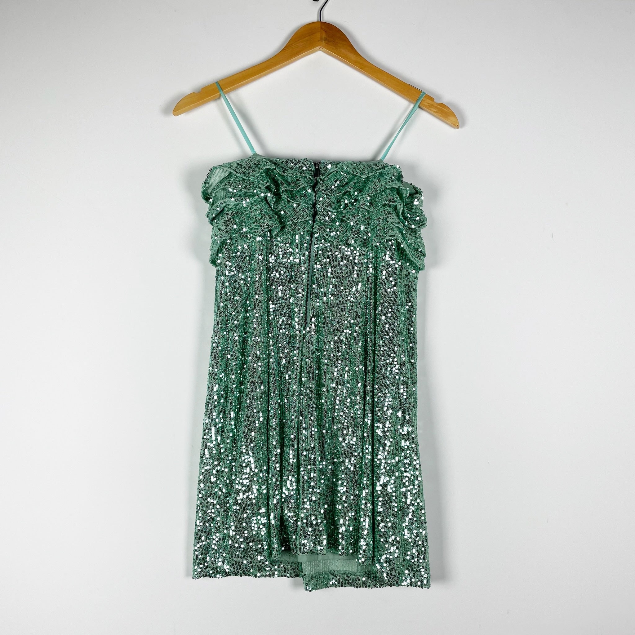 Free People Frida Sequin Sparkle Embellished Ruffle Strapless Mini Dress Seafoam