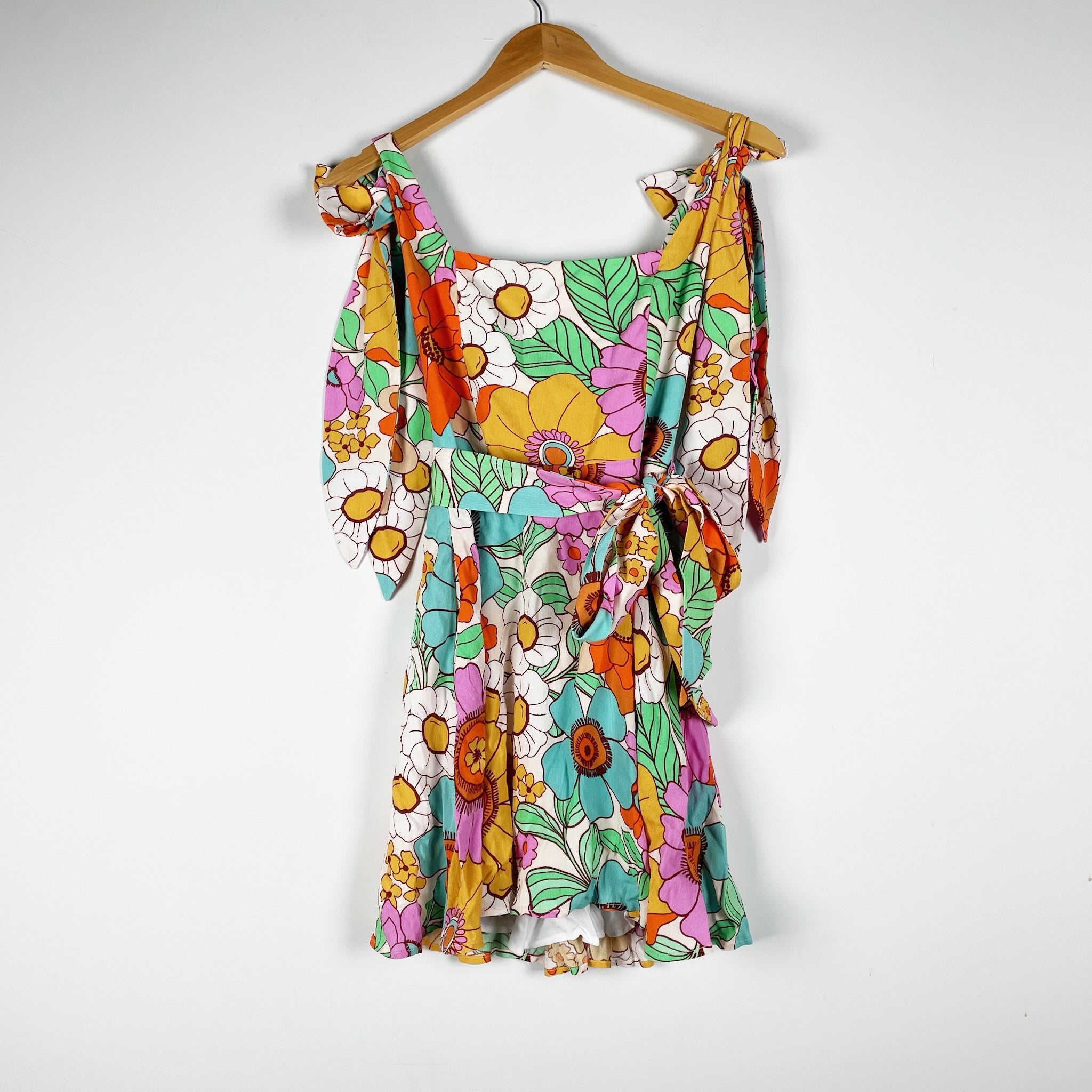 Show Me Your Mumu Claire Flower Market Print Pattern Tie Shoulder Mini Dress S