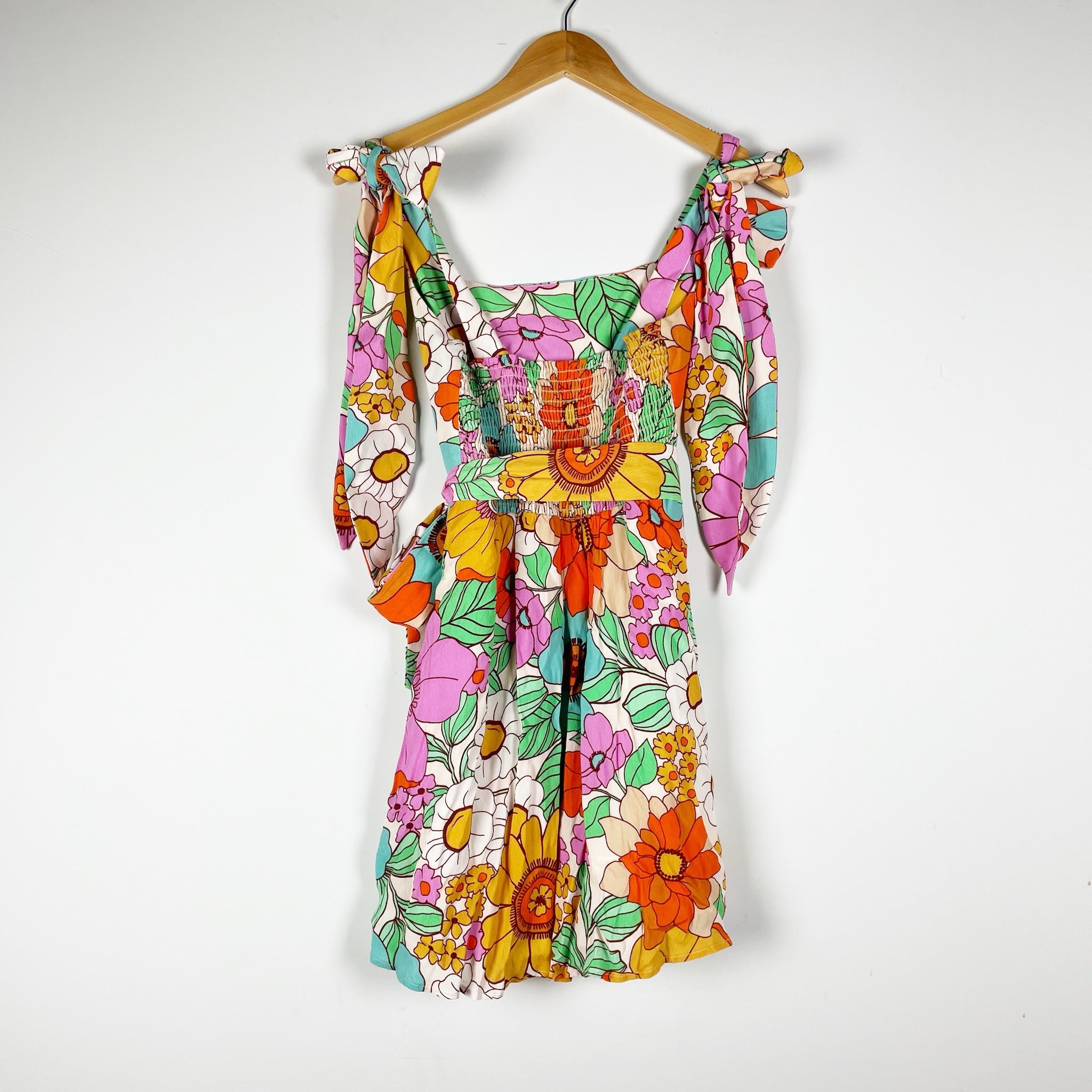 Show Me Your Mumu Claire Flower Market Print Pattern Tie Shoulder Mini Dress S