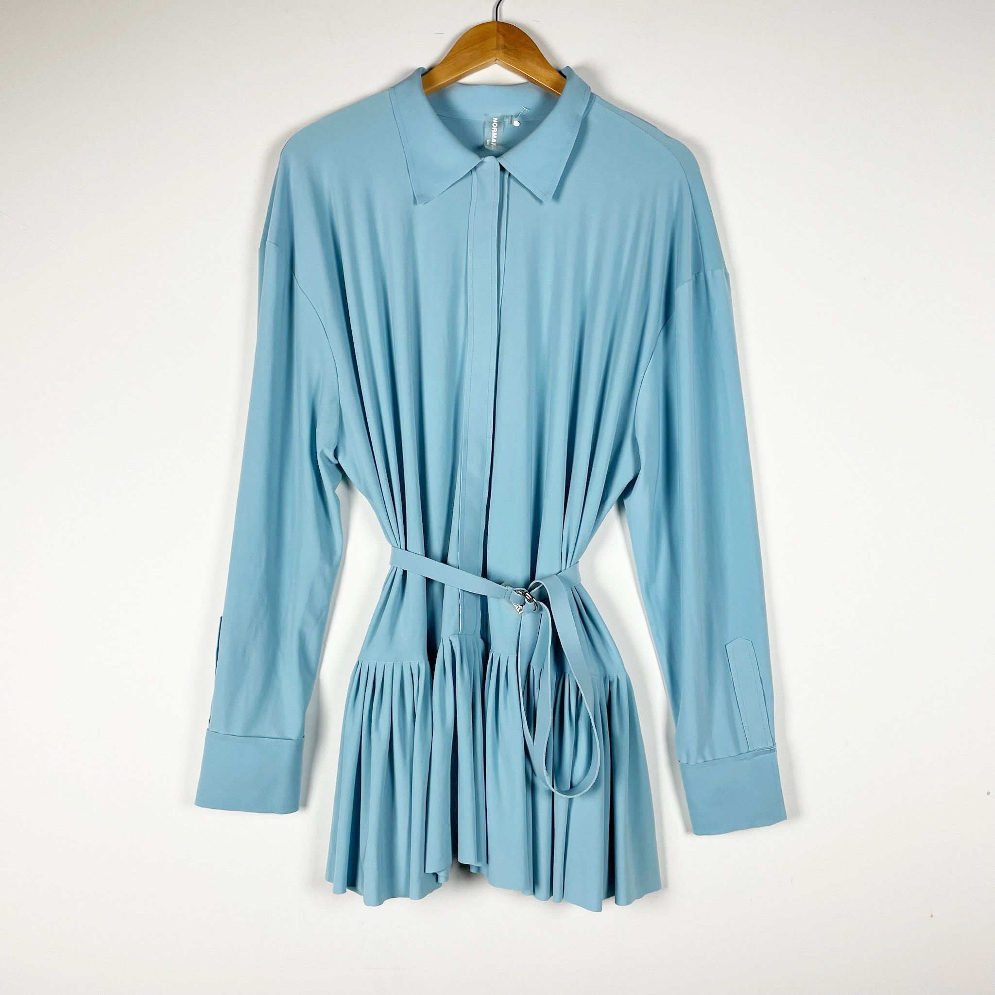Norma Kamali Oversized Boyfriend Ruffle Belted Mini Shirt Dress Powder Blue S