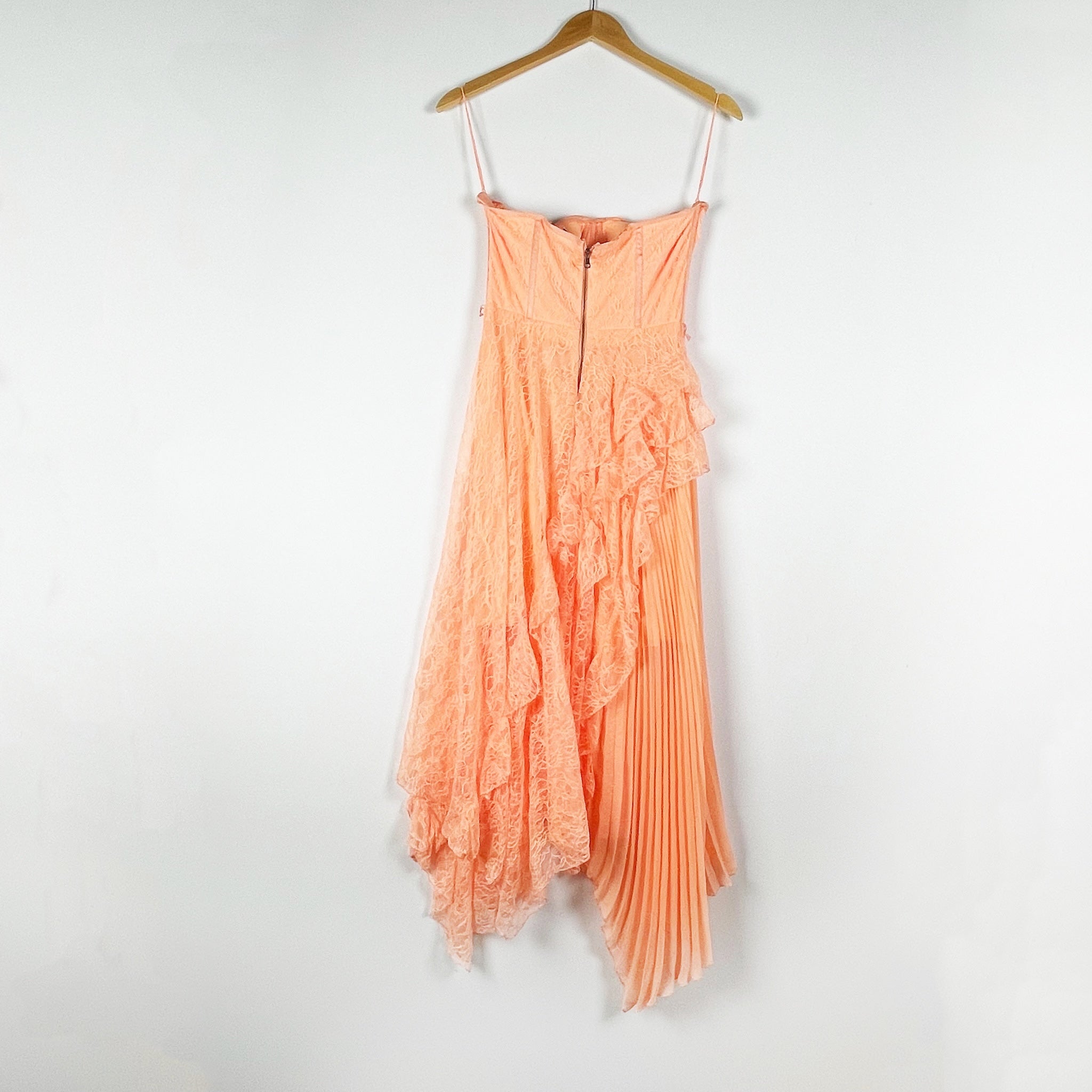Alice + Olivia Bree Ruffle Lace Handkerchief Asymmetrical Hem Midi Dress Orange
