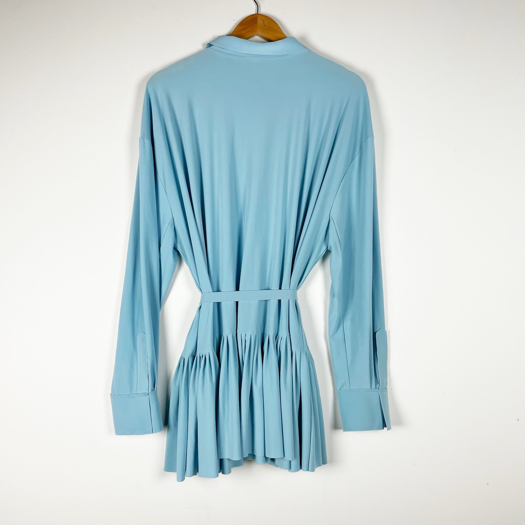 Norma Kamali Oversized Boyfriend Ruffle Belted Mini Shirt Dress Powder Blue S