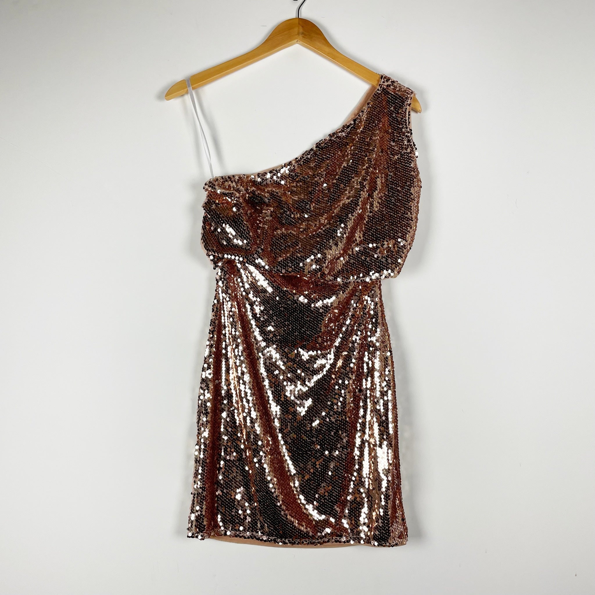 NEW Superdown Jane Asymmetrical Sequin Sparkle Embellished Mini Dress Rose Gold