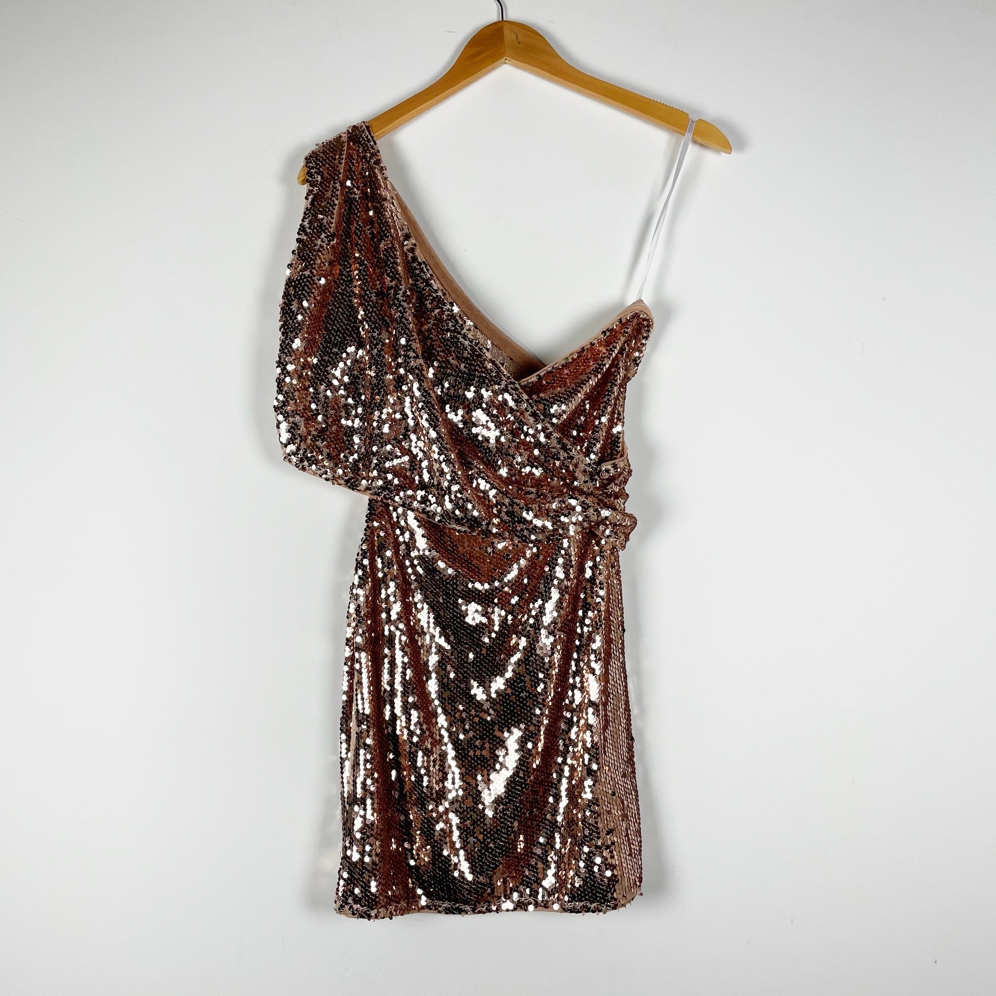 NEW Superdown Jane Asymmetrical Sequin Sparkle Embellished Mini Dress Rose Gold