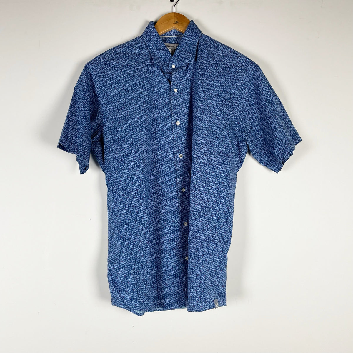 Peter Millar Cotton Stretch Collared Short Sleeve Button Down Shirt Shark Wave M