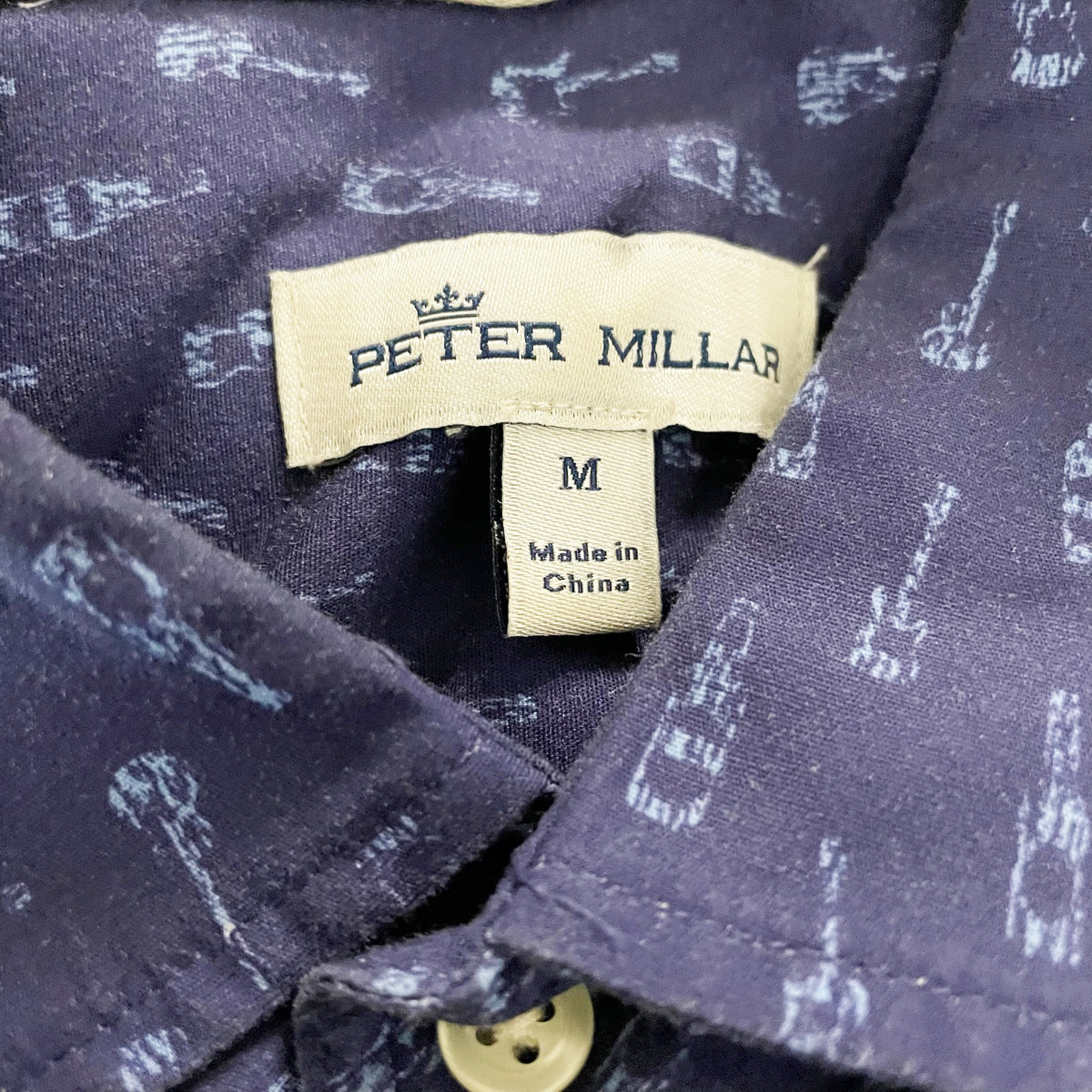 Peter Millar Men's Cotton Stretch Collared Button Down Shirt Guitar Print Blue M