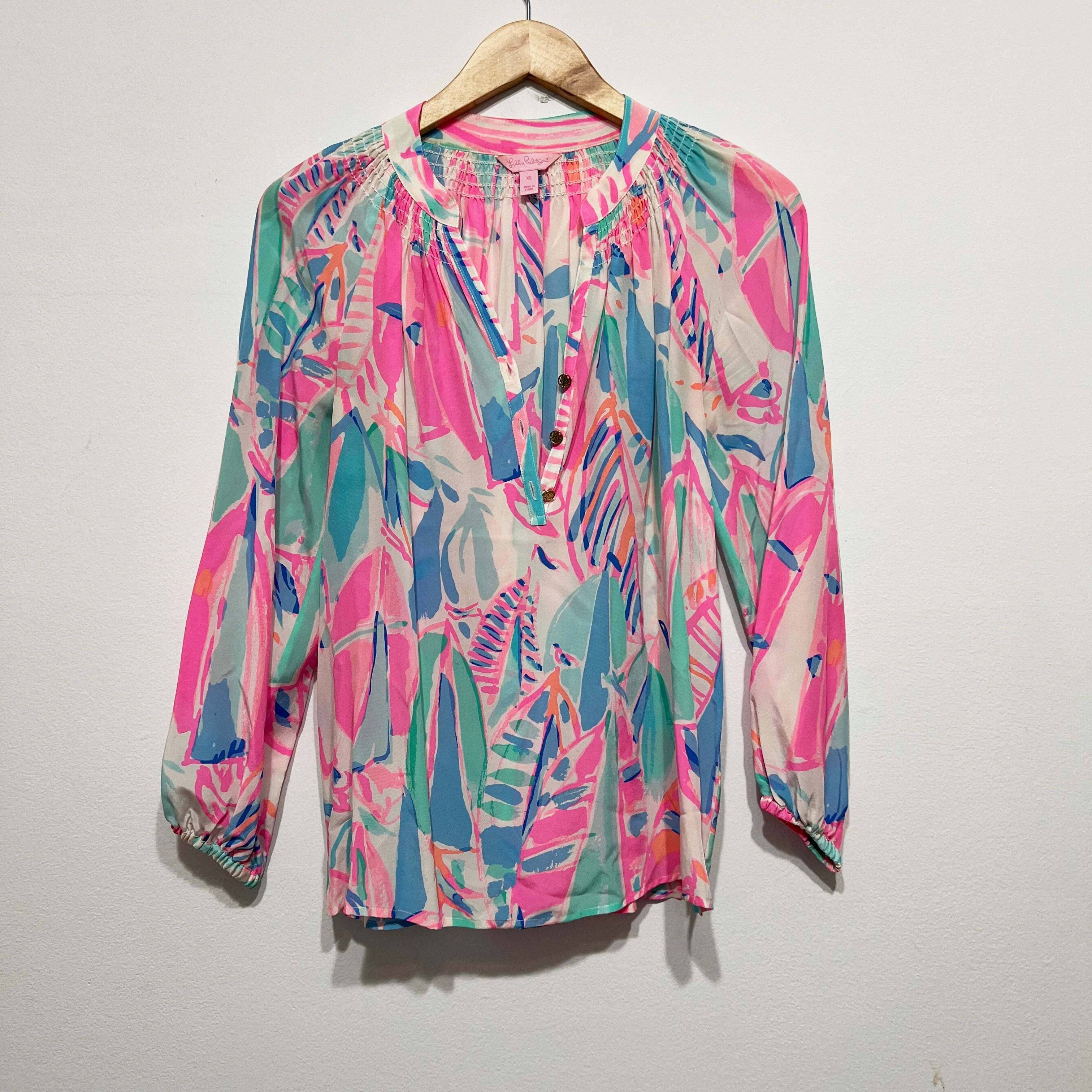 Lilly Pulitzer Women's Elsa Silk Chiffon Pullover Blouse Out To Sea Sailboat XS