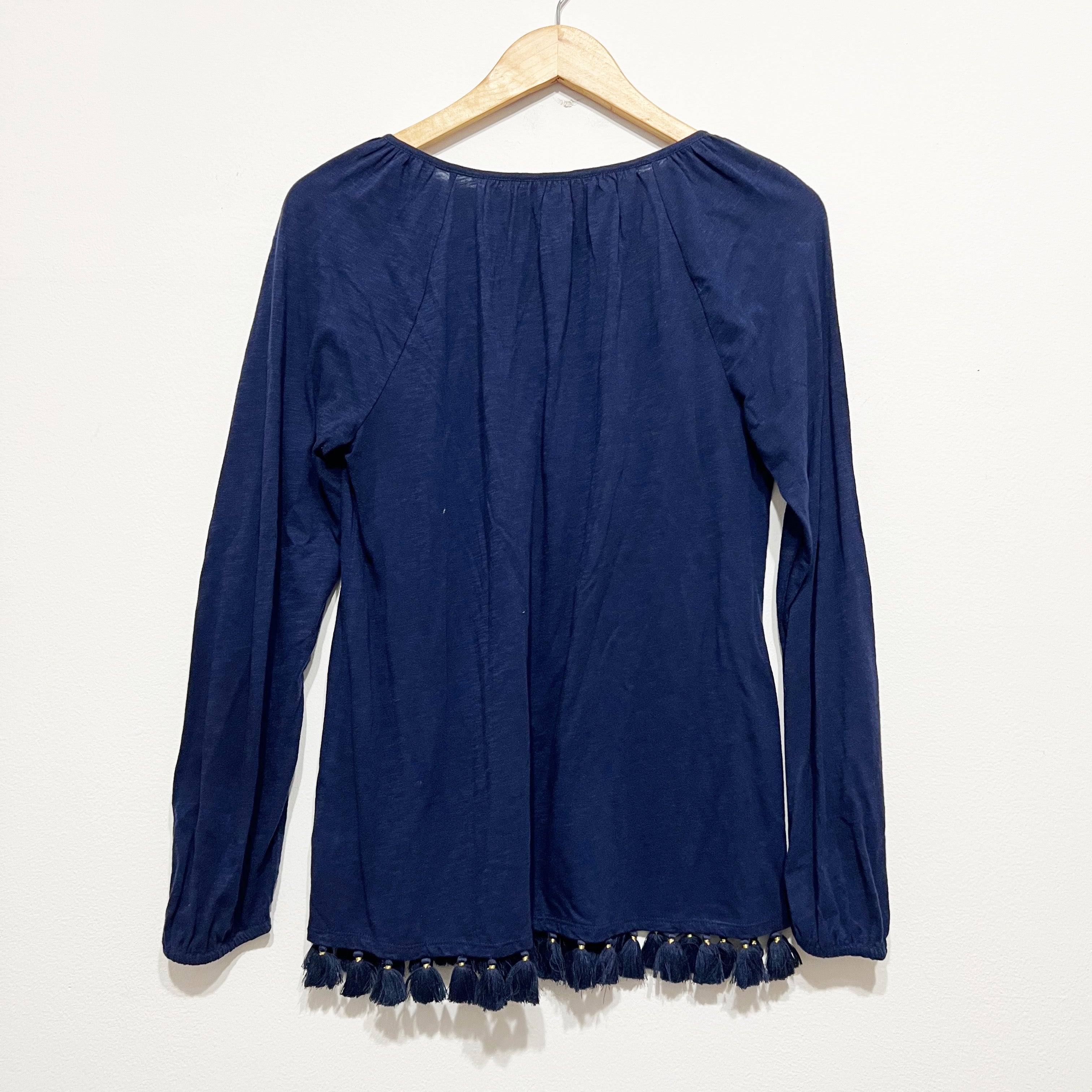 Lilly Pulitzer Linzy Cotton Stretch VNeck Tassel Fringe Tee Shirt True Navy Blue
