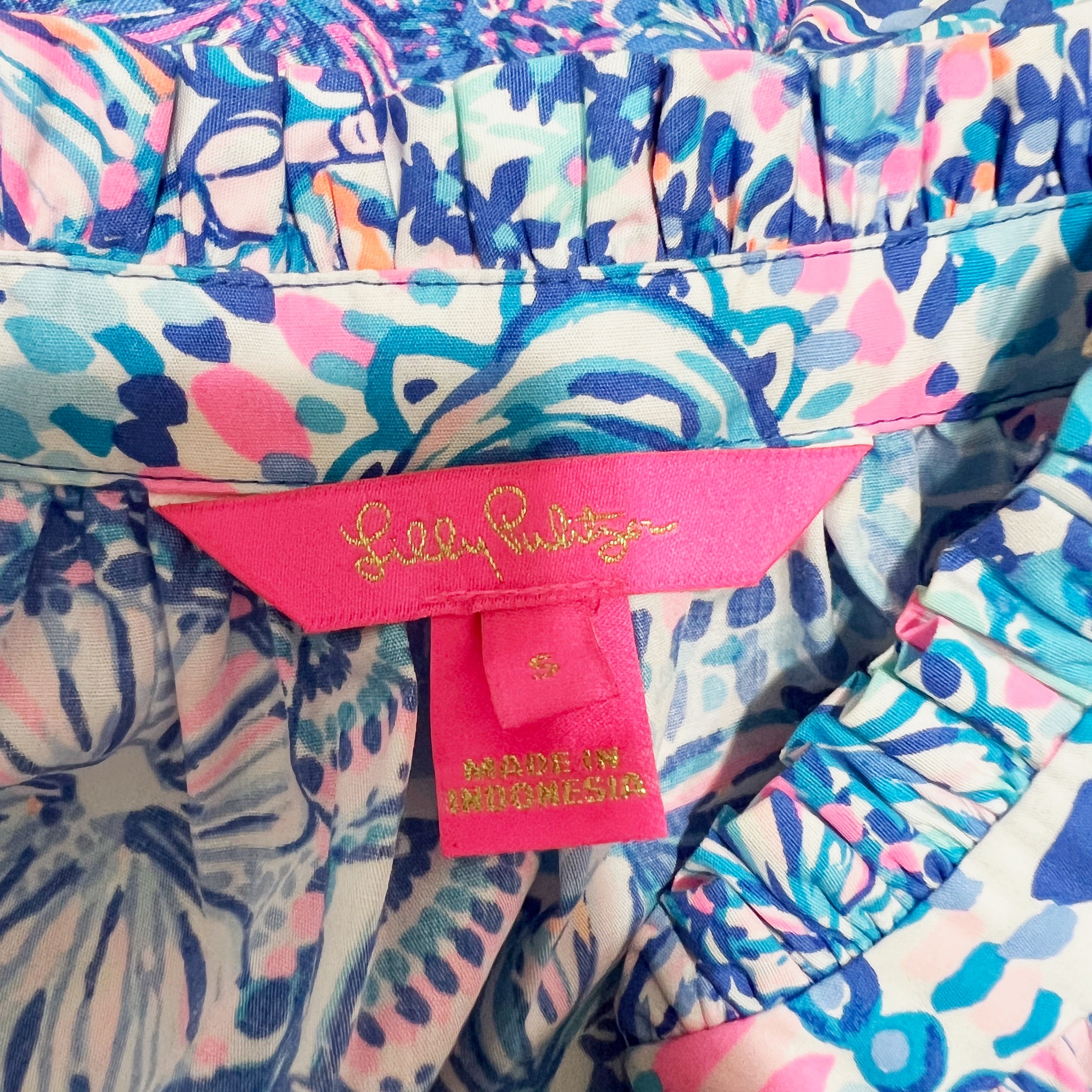 Lilly Pulitzer Novella Ruffle Hem Cotton Top Blue Grotto Commotion In The Ocean